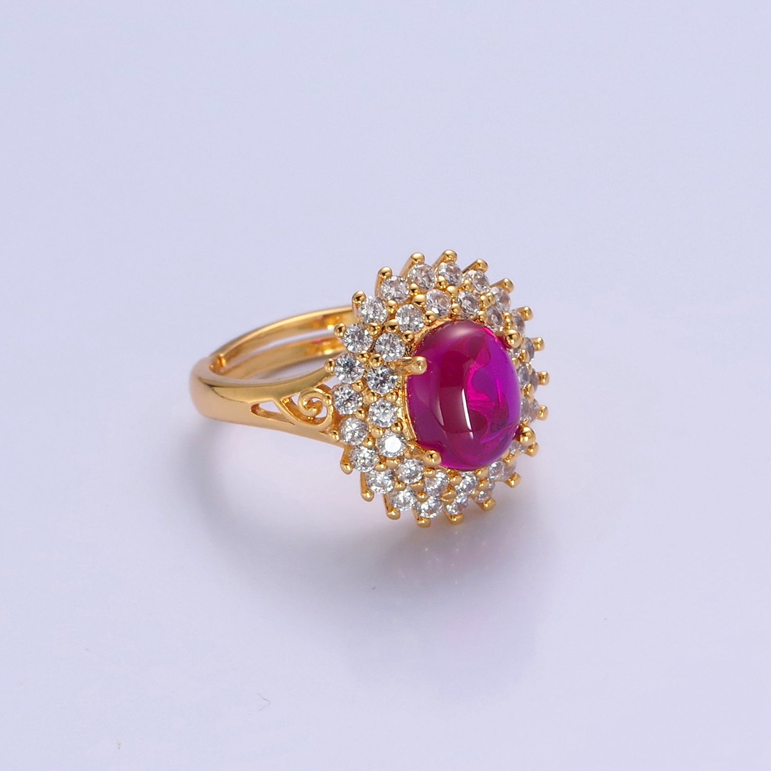 Oval Fuchsia Pink Jade Ring, Cubic Zirconia Sunflower Ring, P313 - DLUXCA