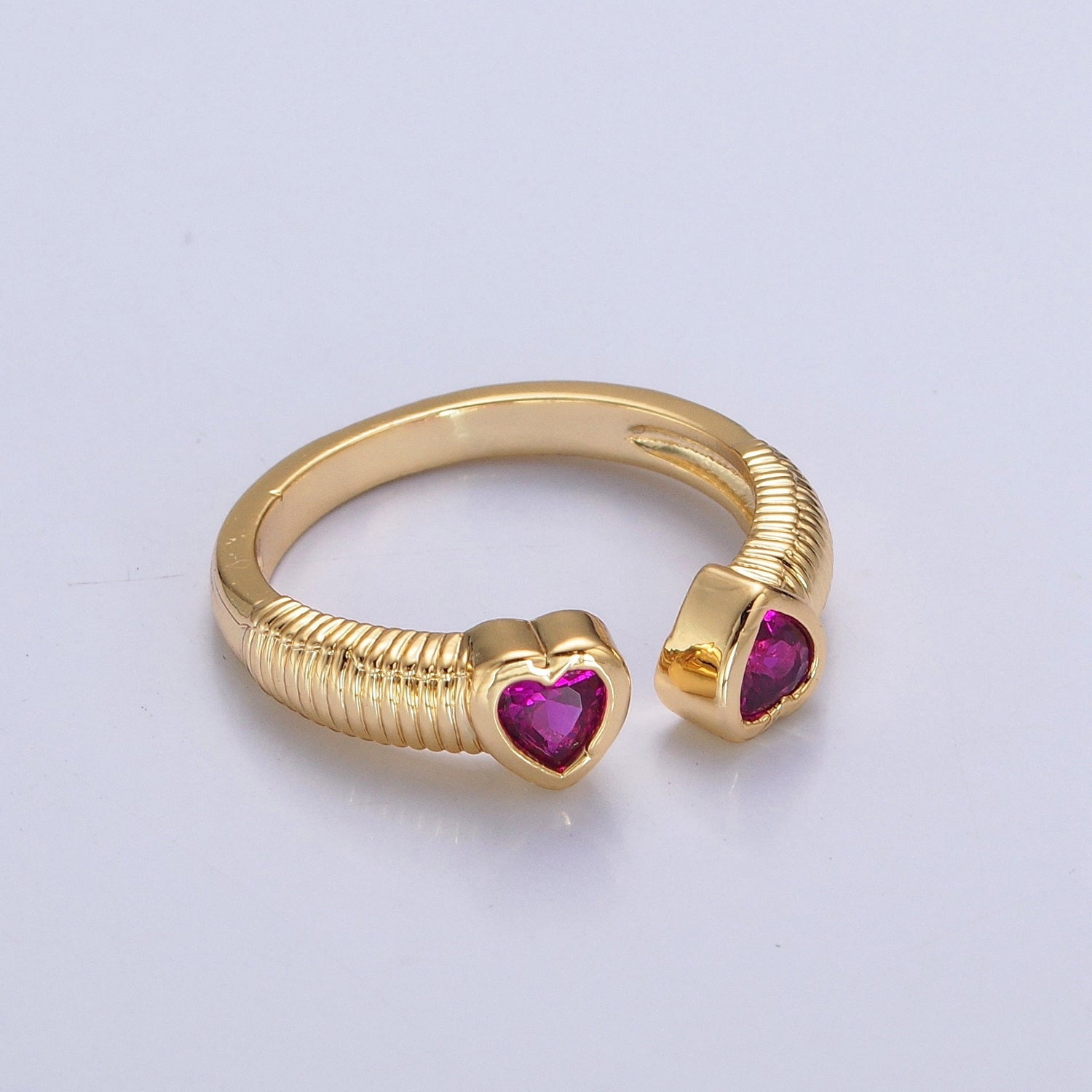 Fuchsia Pink Twin Cubic Zirconia CZ Heart Open Adjustable Gold Ring P328 - DLUXCA