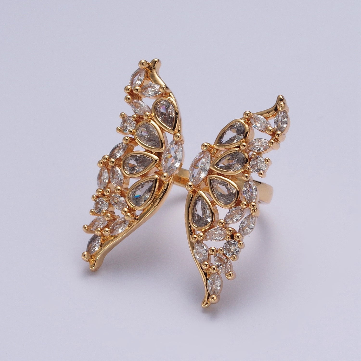 Clear Cubic Zirconia Grand Gold Butterfly Mariposa Adjustable Statement Ring P331 - DLUXCA