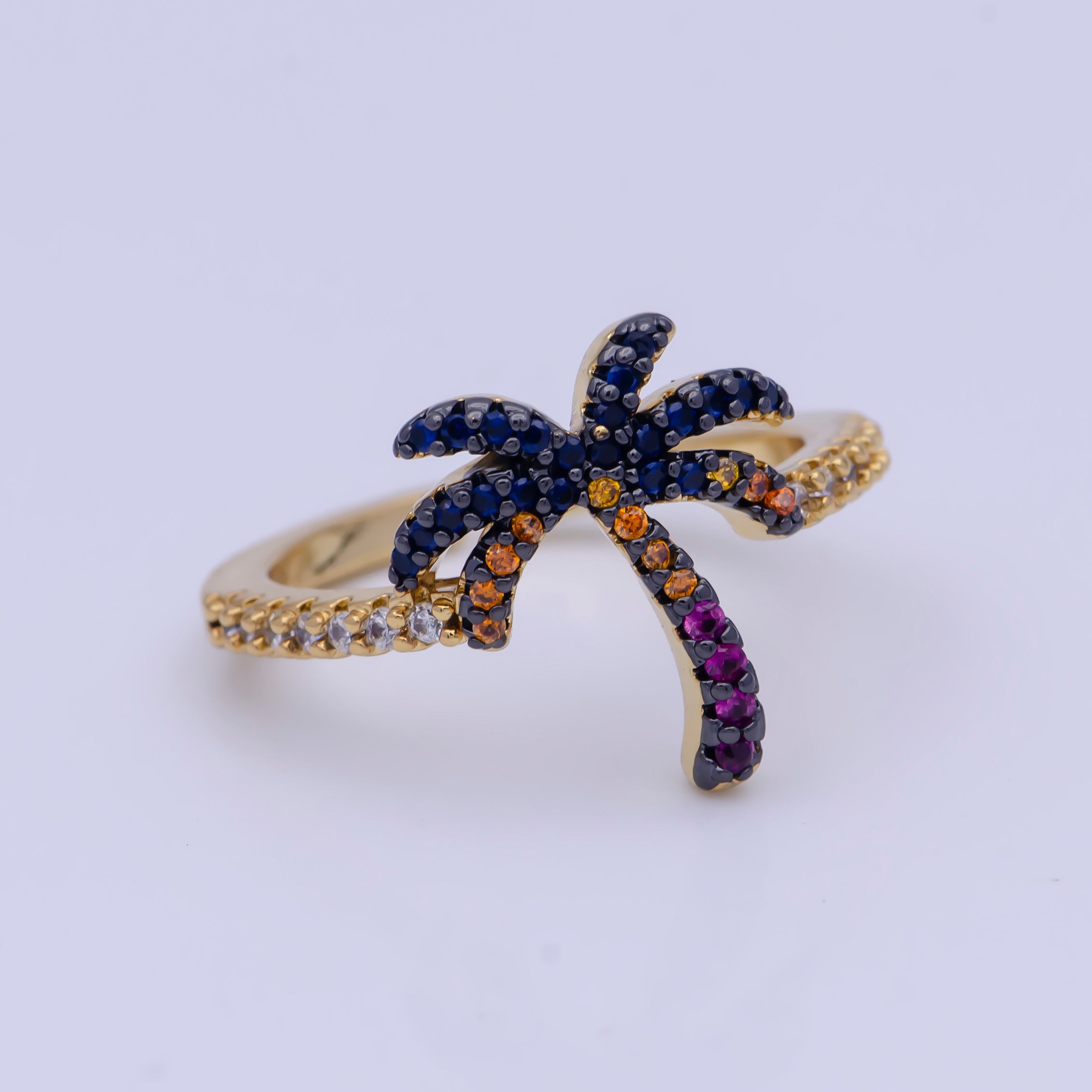 Dainty Gold Palm Tree Ring, Summer Ring Micro Pave Beach Inspired ring for teen P-333 - DLUXCA