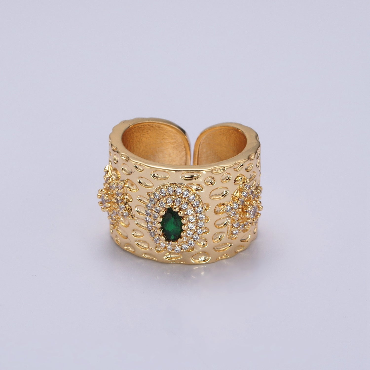 24K Gold Filled Textured Signet Ring with Micro Pave Star & Green Cubic Zirconia P336 - DLUXCA