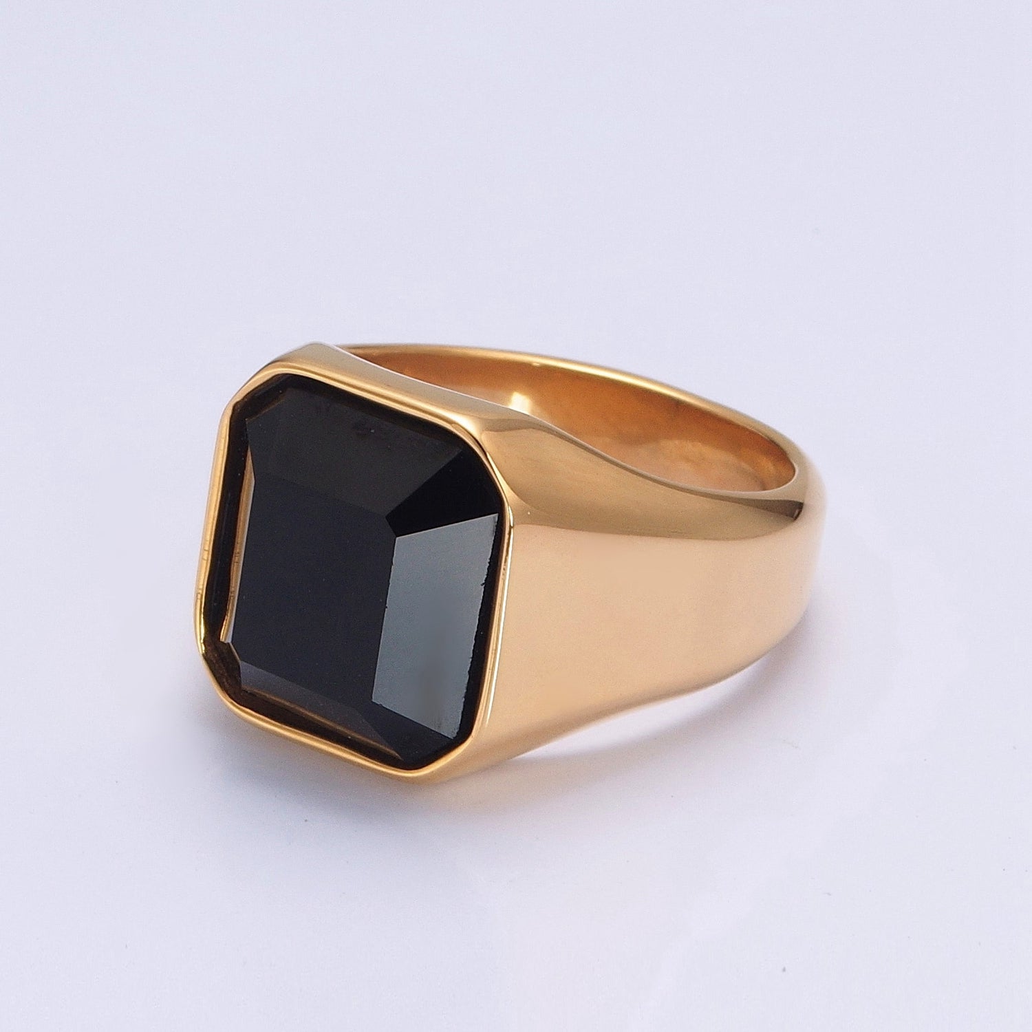 Polished Black CZ Cubic Zirconia Stainless Steel Ring in Gold & Silver - DLUXCA