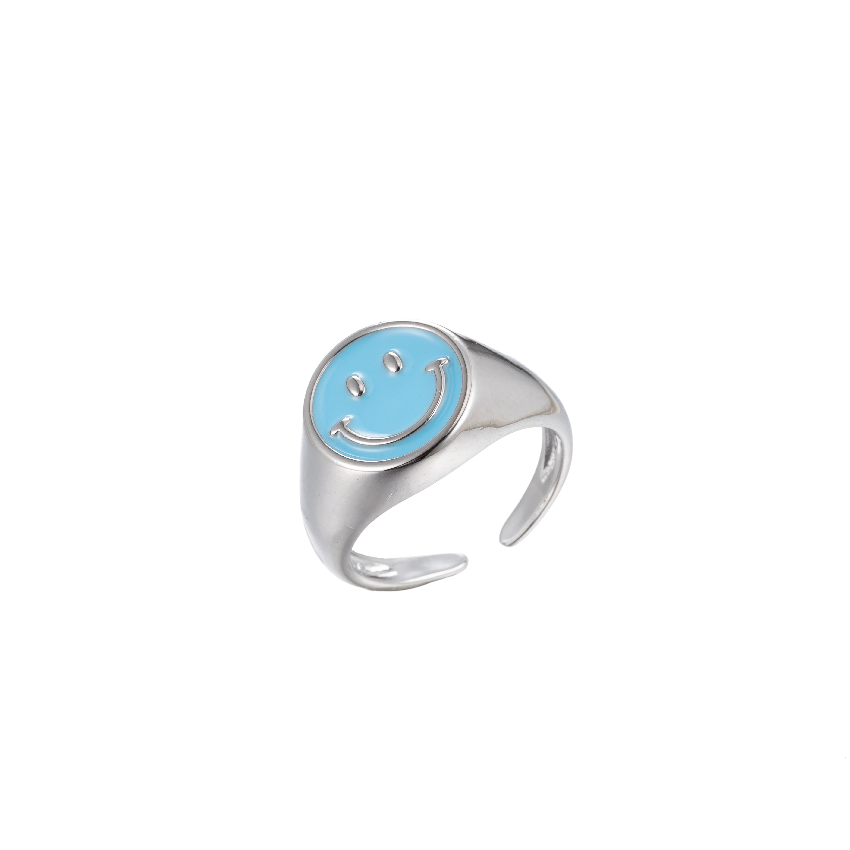 Enamel Happy Face Ring, Silver Smiley Face Signet Ring Y2K Jewelry Inspired - DLUXCA