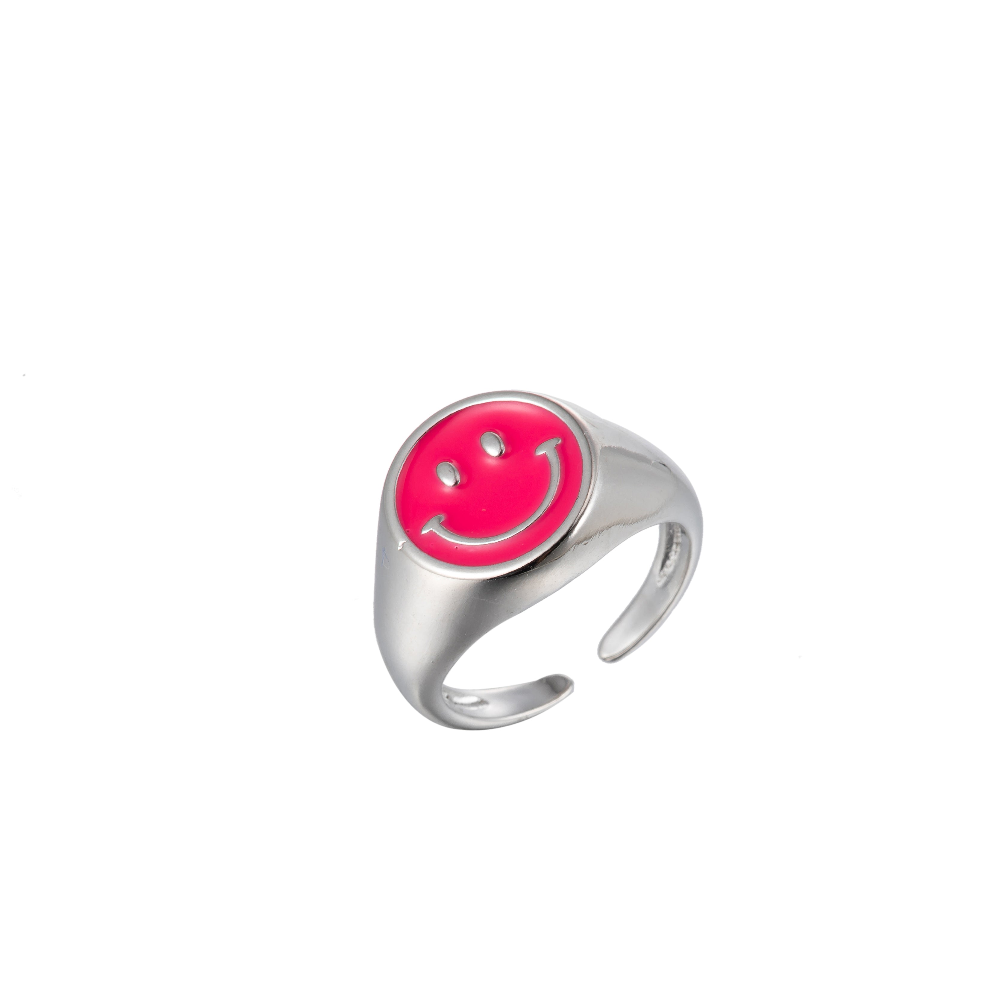 Enamel Happy Face Ring, Silver Smiley Face Signet Ring Y2K Jewelry Inspired - DLUXCA