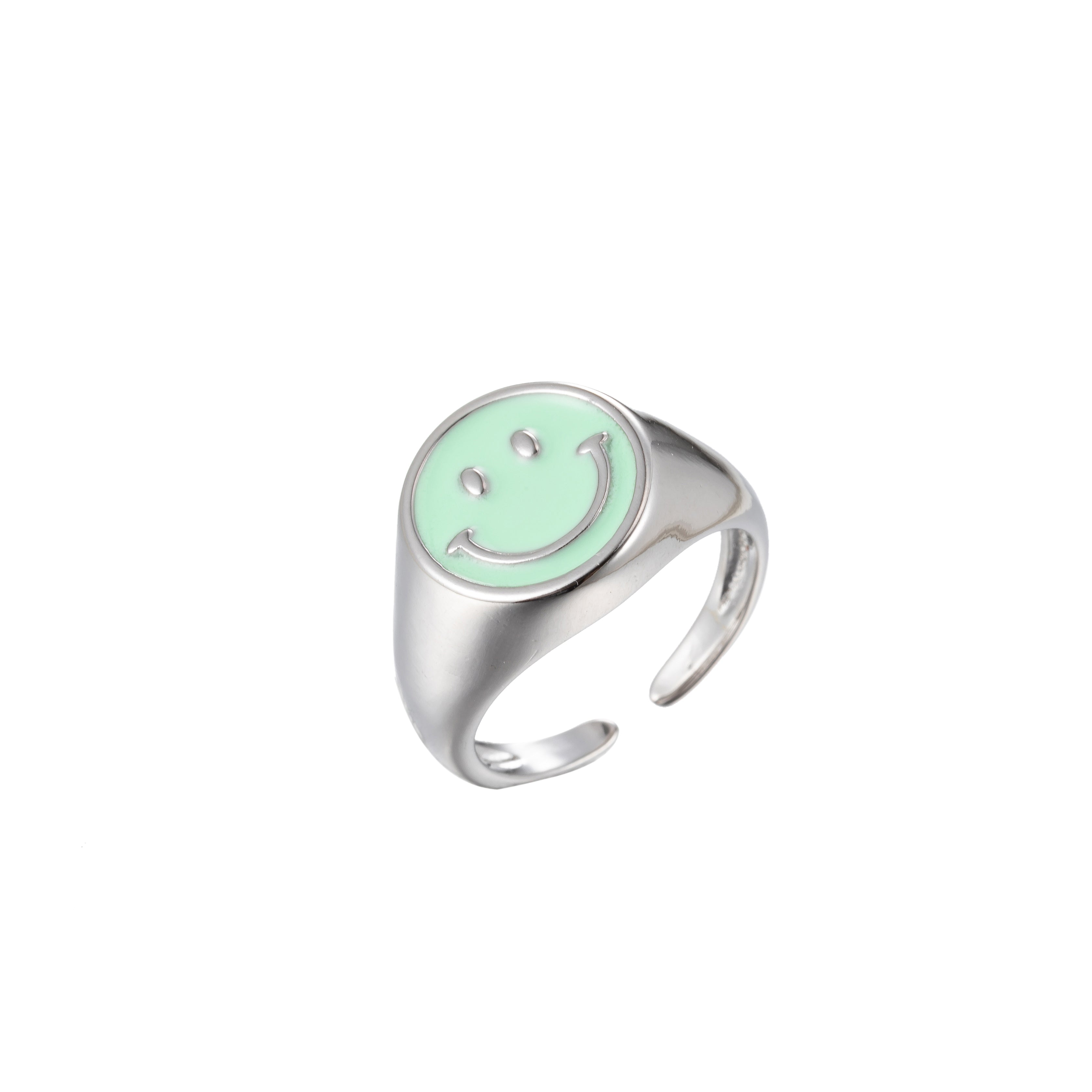 Enamel Happy Face Ring, Silver Smiley Face Signet Ring Y2K Jewelry Inspired - DLUXCA