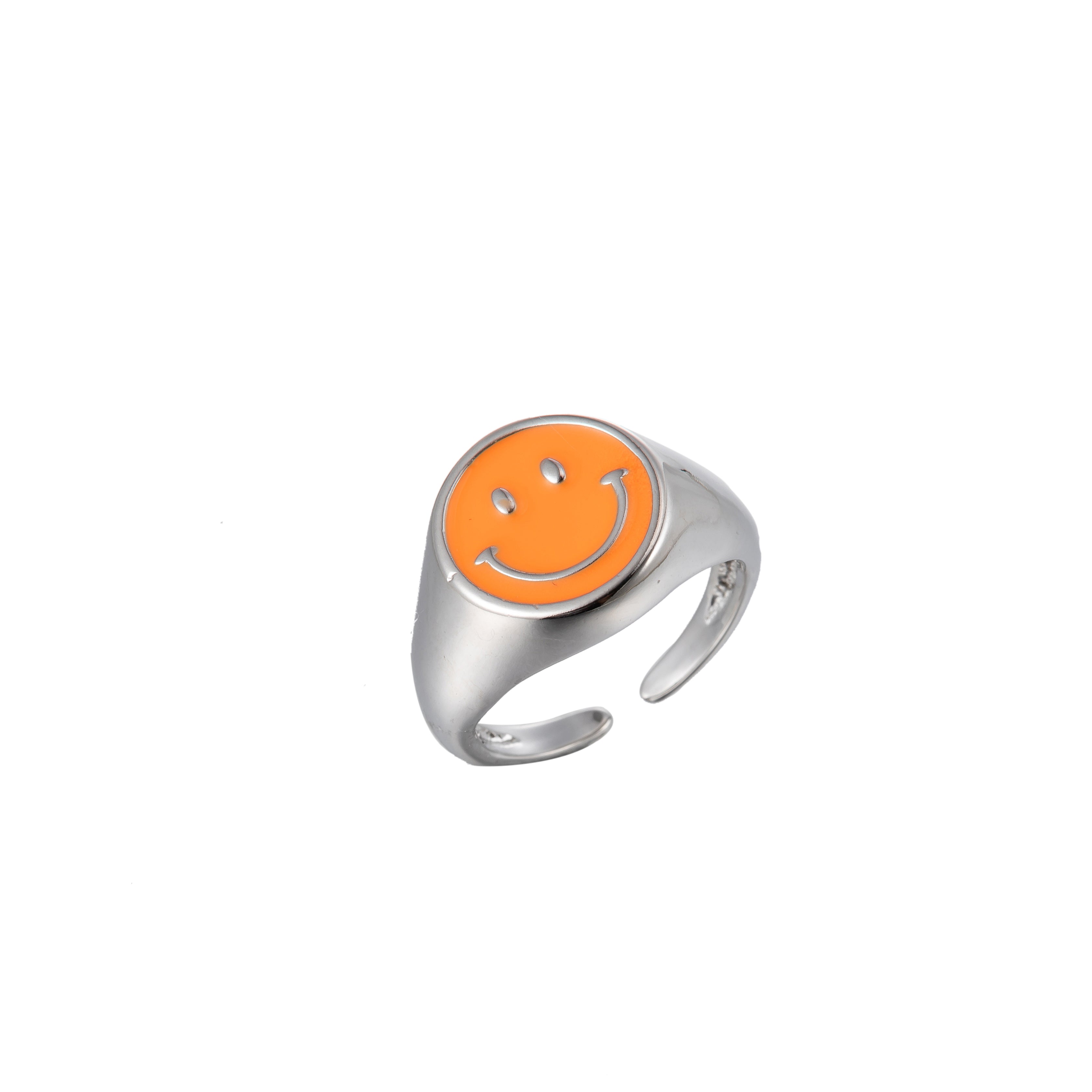 Enamel Happy Face Ring, Silver Smiley Face Signet Ring Y2K Jewelry Inspired - DLUXCA