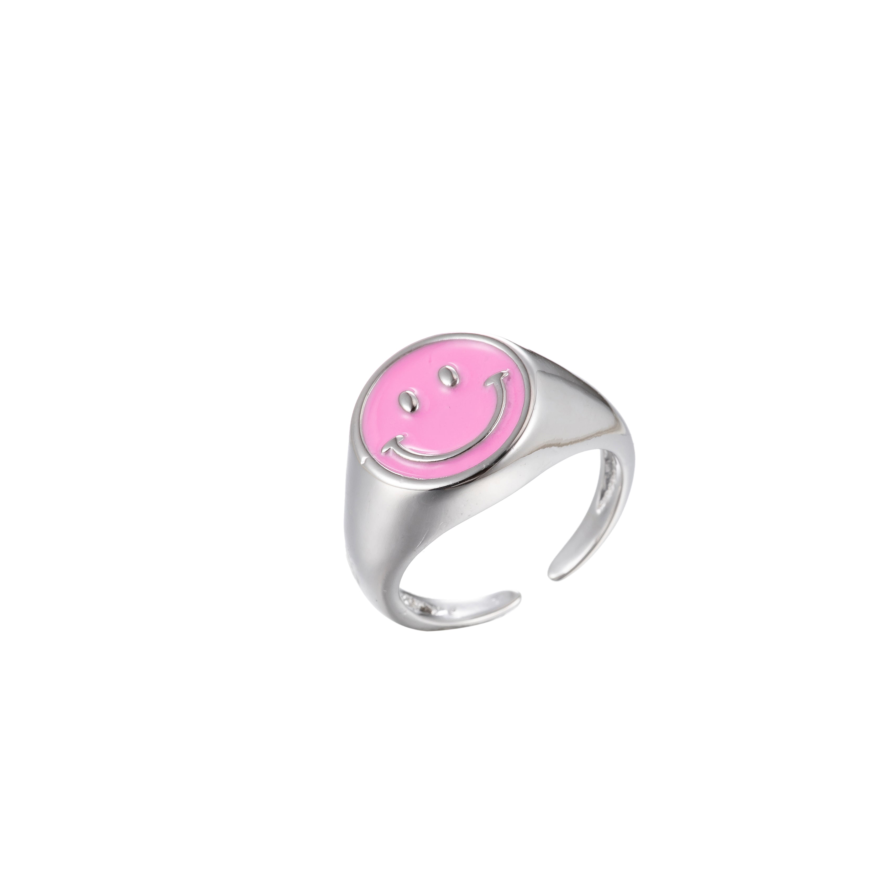 Enamel Happy Face Ring, Silver Smiley Face Signet Ring Y2K Jewelry Inspired - DLUXCA