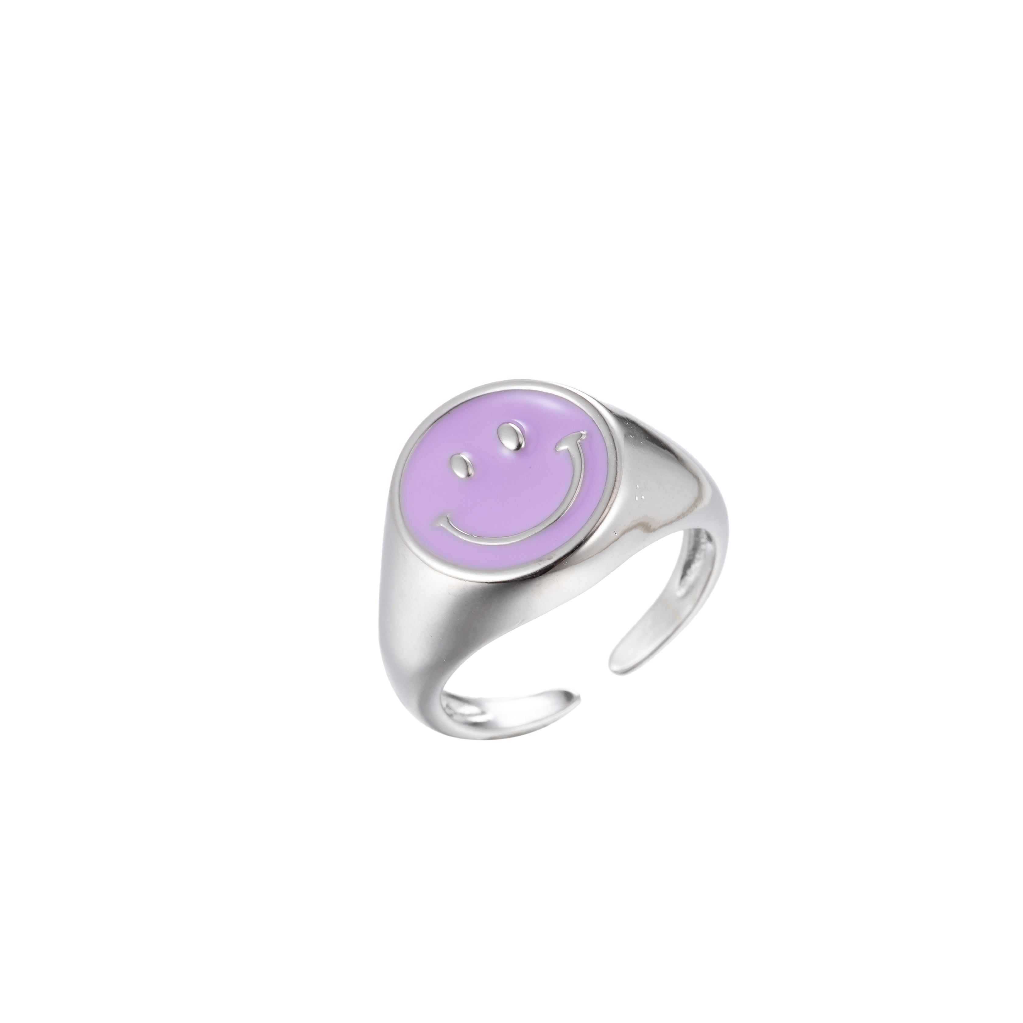 Enamel Happy Face Ring, Silver Smiley Face Signet Ring Y2K Jewelry Inspired - DLUXCA