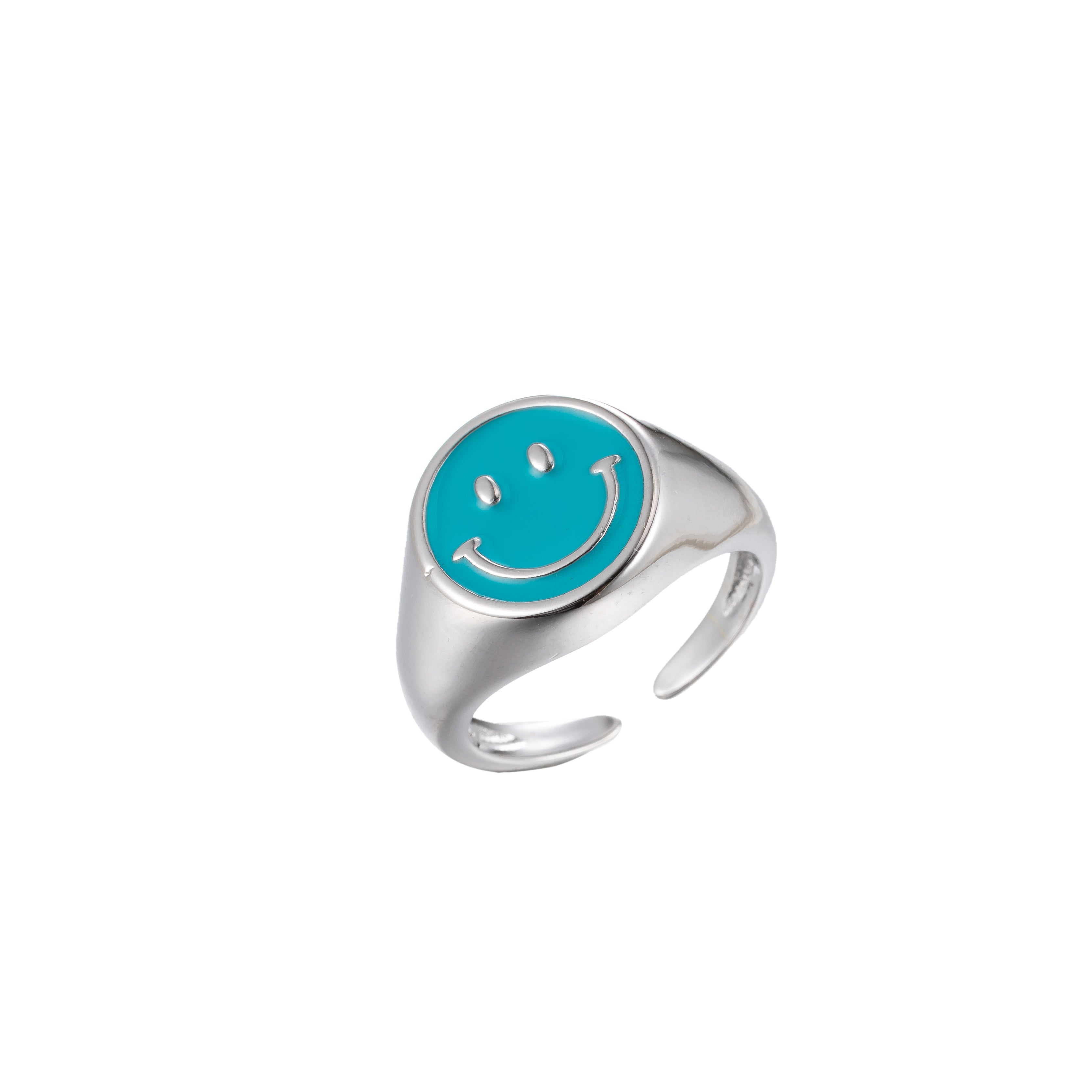 Enamel Happy Face Ring, Silver Smiley Face Signet Ring Y2K Jewelry Inspired - DLUXCA