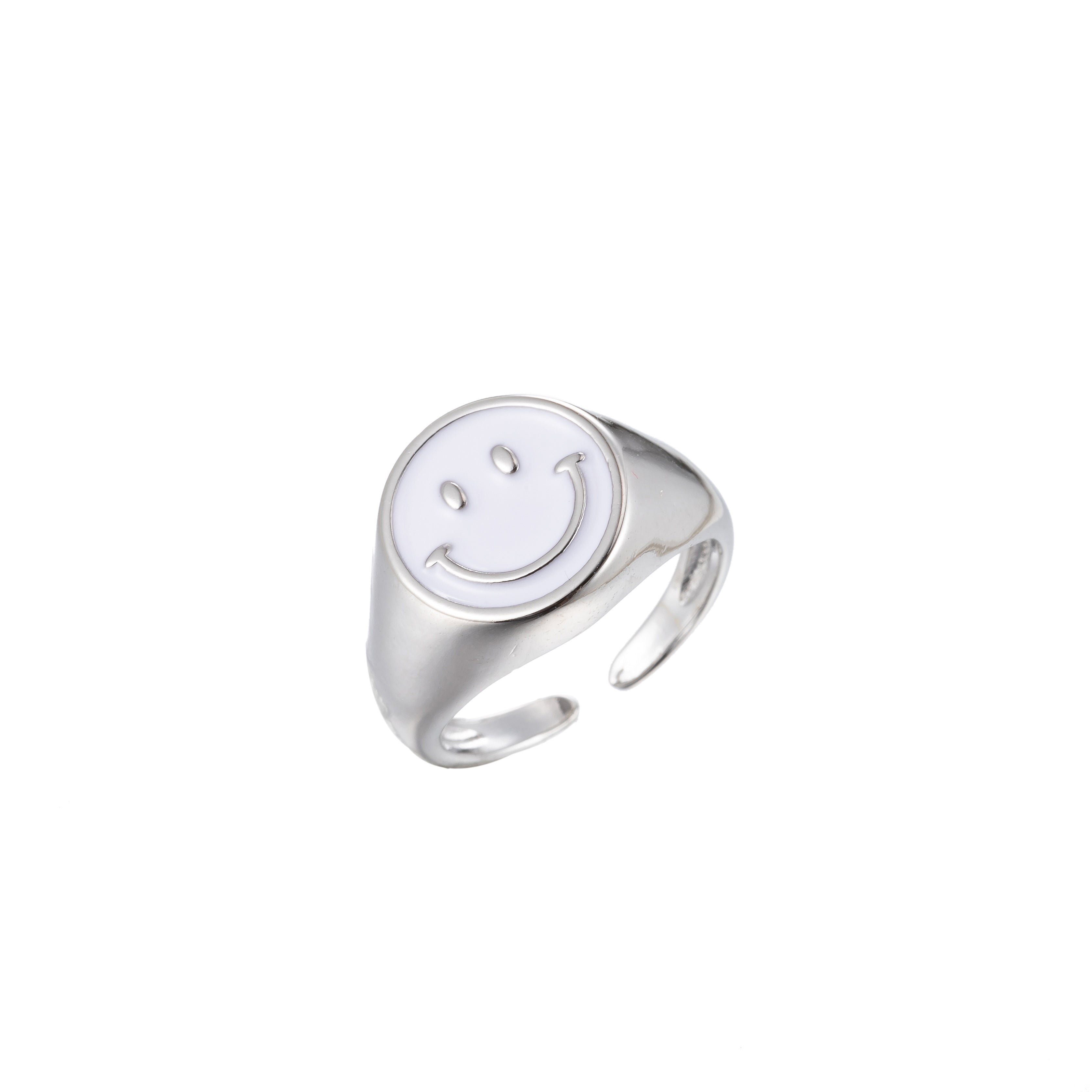 Enamel Happy Face Ring, Silver Smiley Face Signet Ring Y2K Jewelry Inspired - DLUXCA