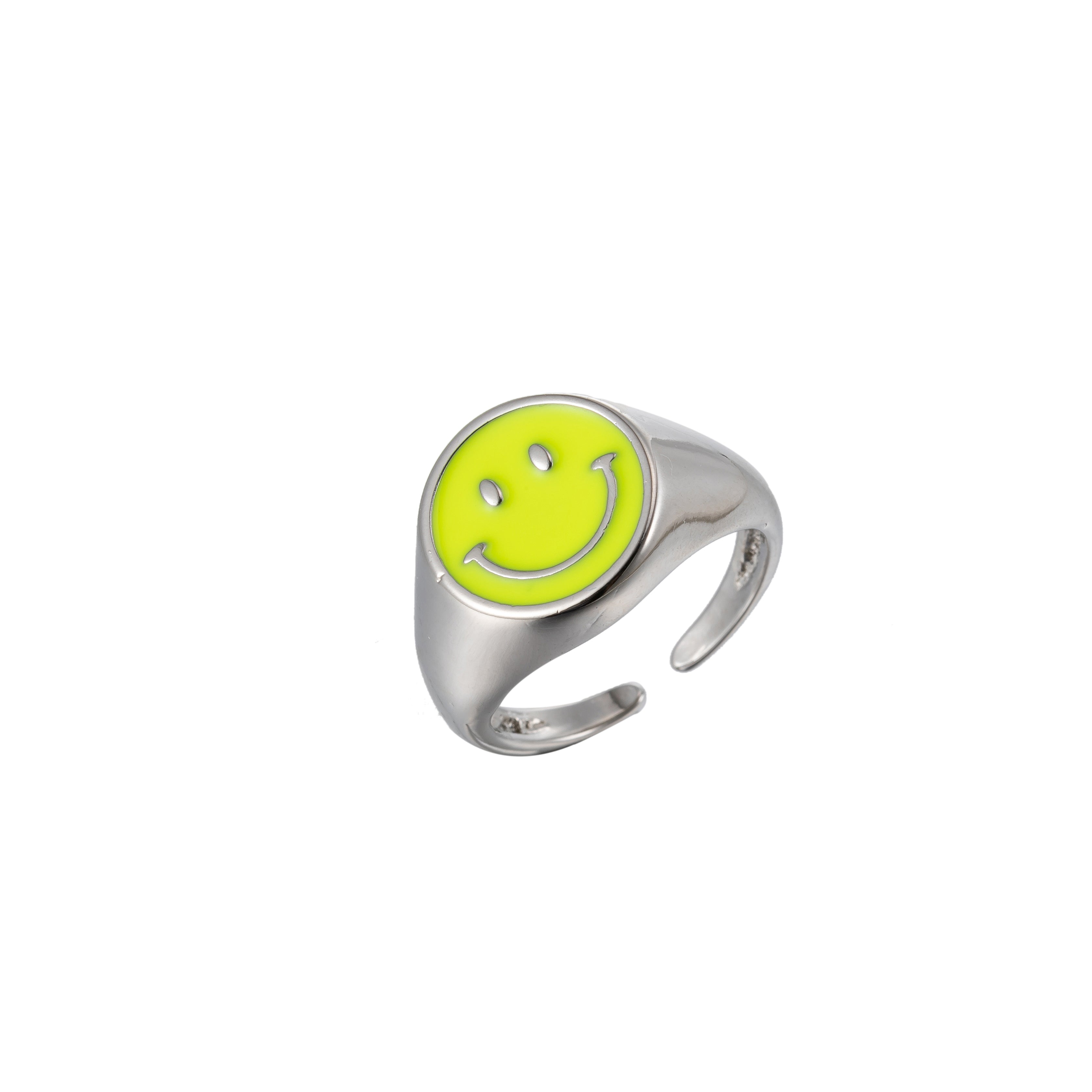 Enamel Happy Face Ring, Silver Smiley Face Signet Ring Y2K Jewelry Inspired - DLUXCA