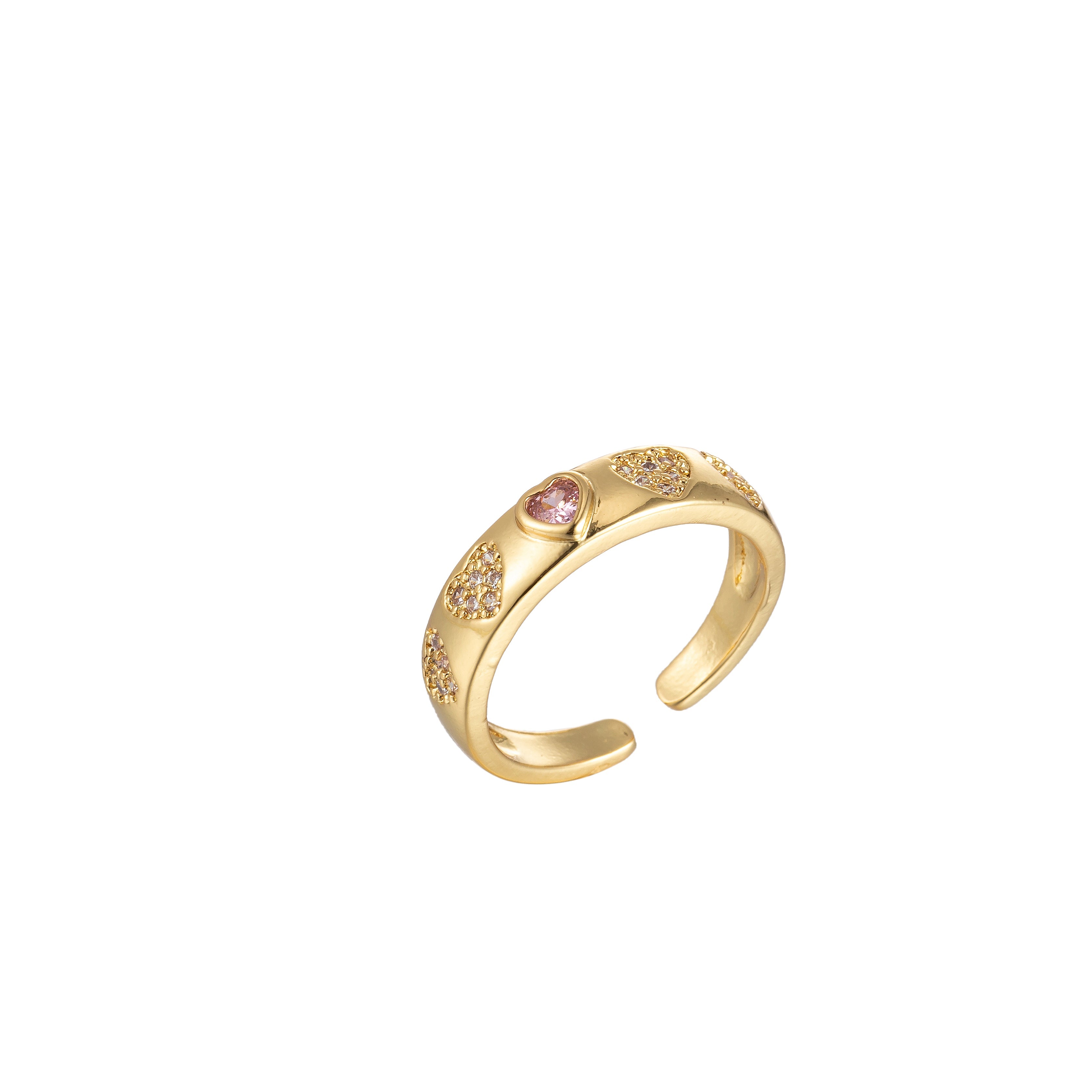 Pink Red Heart CZ Gold Dome Ring Stacking Jewelry | Round Heart Ring Open Adjustable Ring - DLUXCA