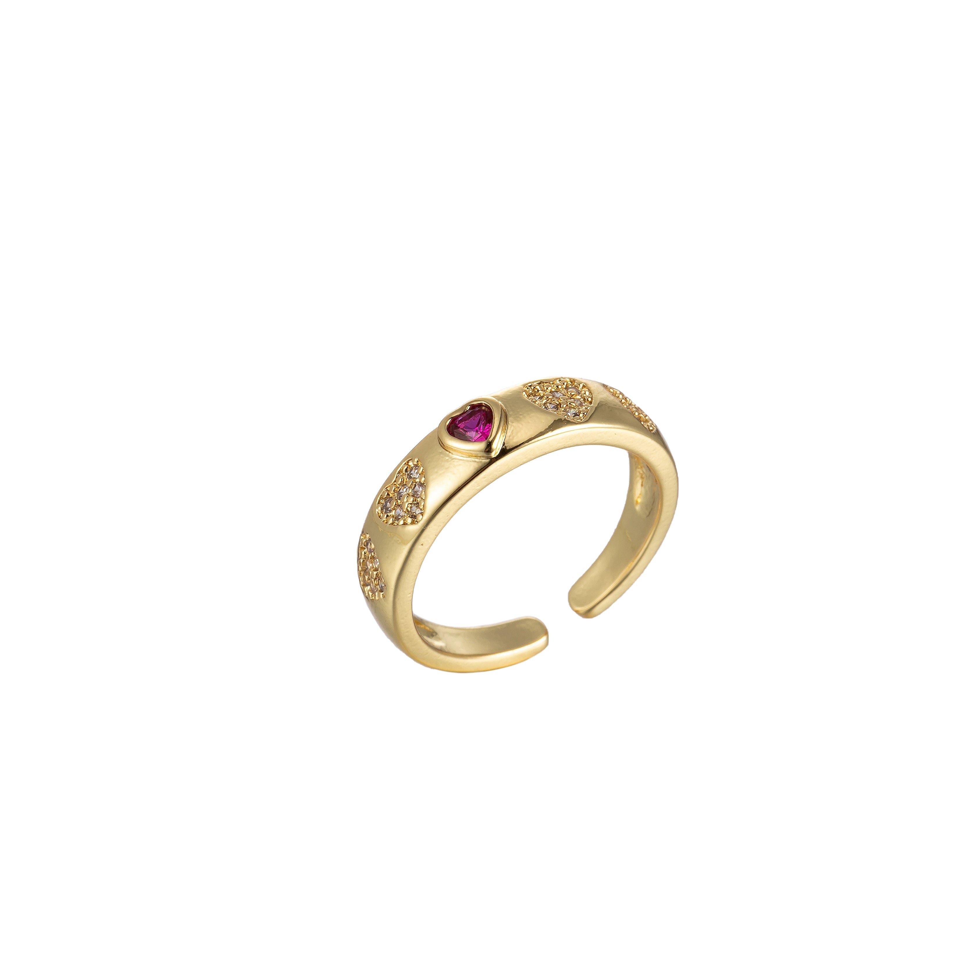 Pink Red Heart CZ Gold Dome Ring Stacking Jewelry | Round Heart Ring Open Adjustable Ring - DLUXCA