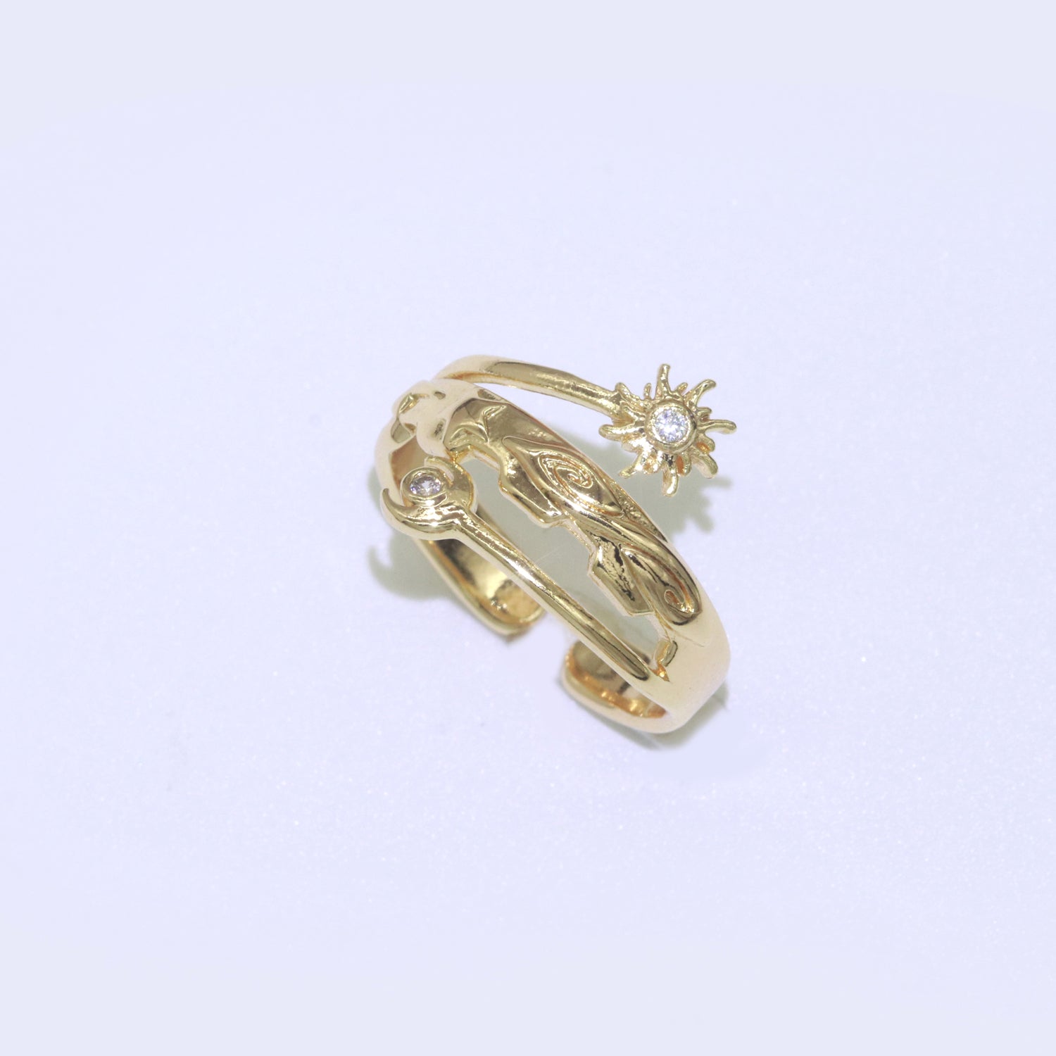 Gold Moon Ring, Open Sun Burst Ring, Adjustable Ring, Statement Ring, Pave Celstial Jewelry - DLUXCA