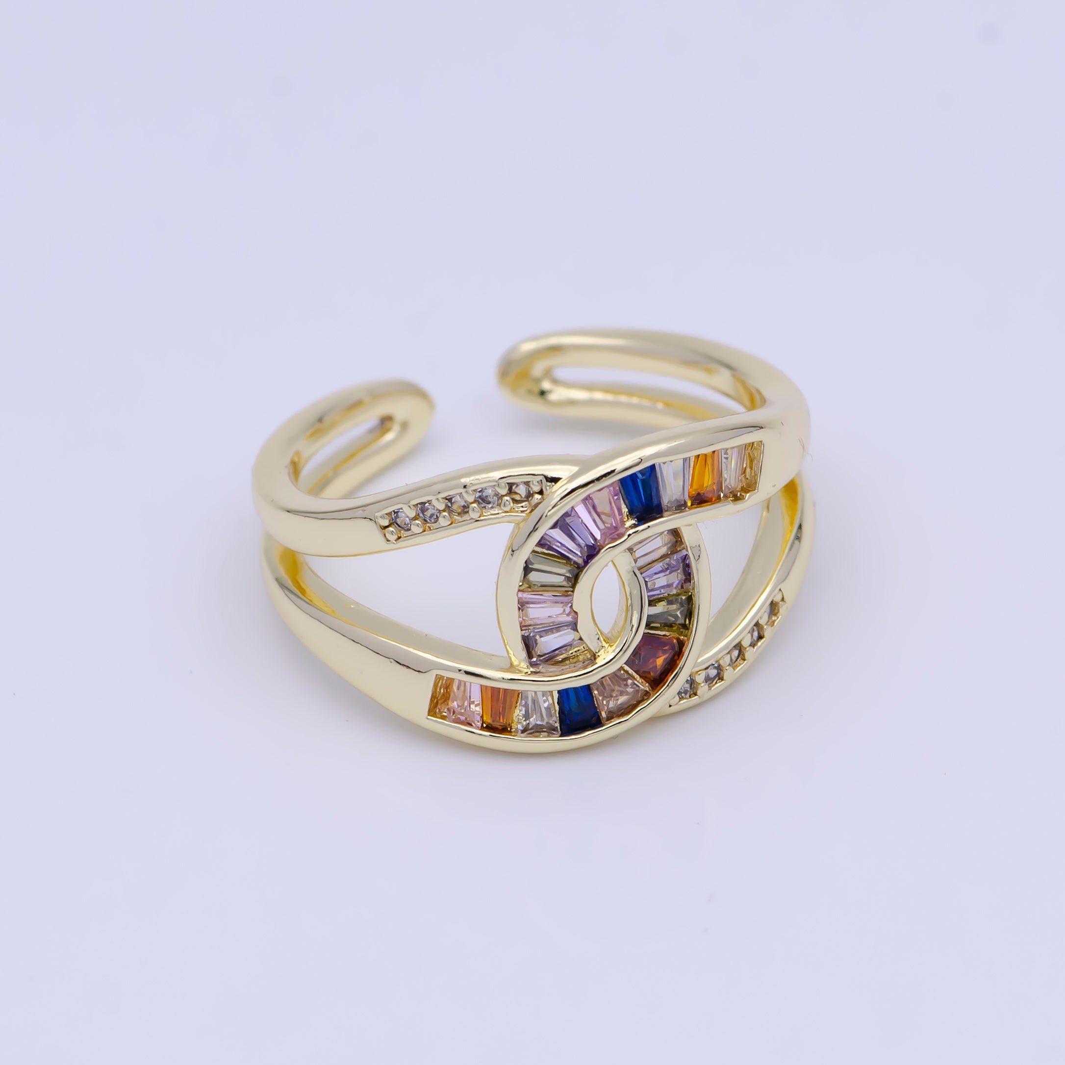 Multicolor, Green, Clear Baguette Micro Paved Knot Double Band Gold Ring | P449, X619, X624 - DLUXCA