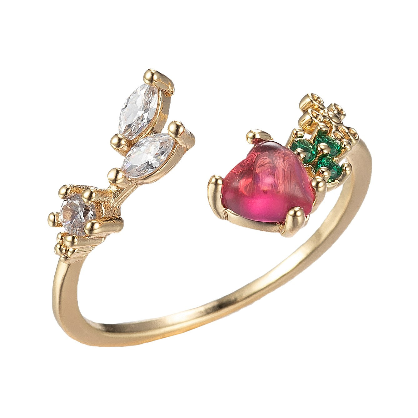 Dainty Strawberry Ring Gold Band Fruit Ring Micro Pave Open Ring - DLUXCA