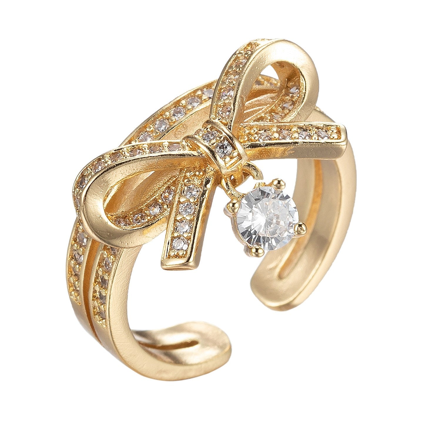 Dainty Ribbon Ring Gold Band Bow Ring Micro Pave Open Ring - DLUXCA