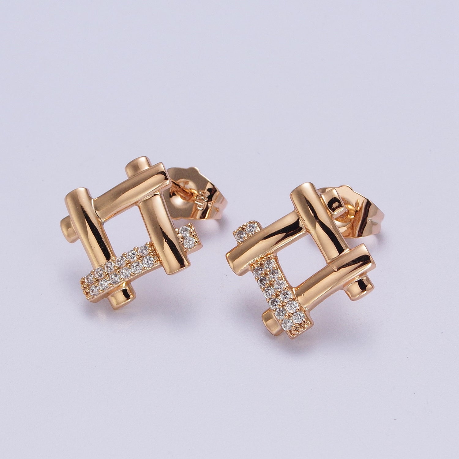 Clear Micro Paved CZ Woven Geometric Square Pinky Gold Stud Earrings | P515 - DLUXCA