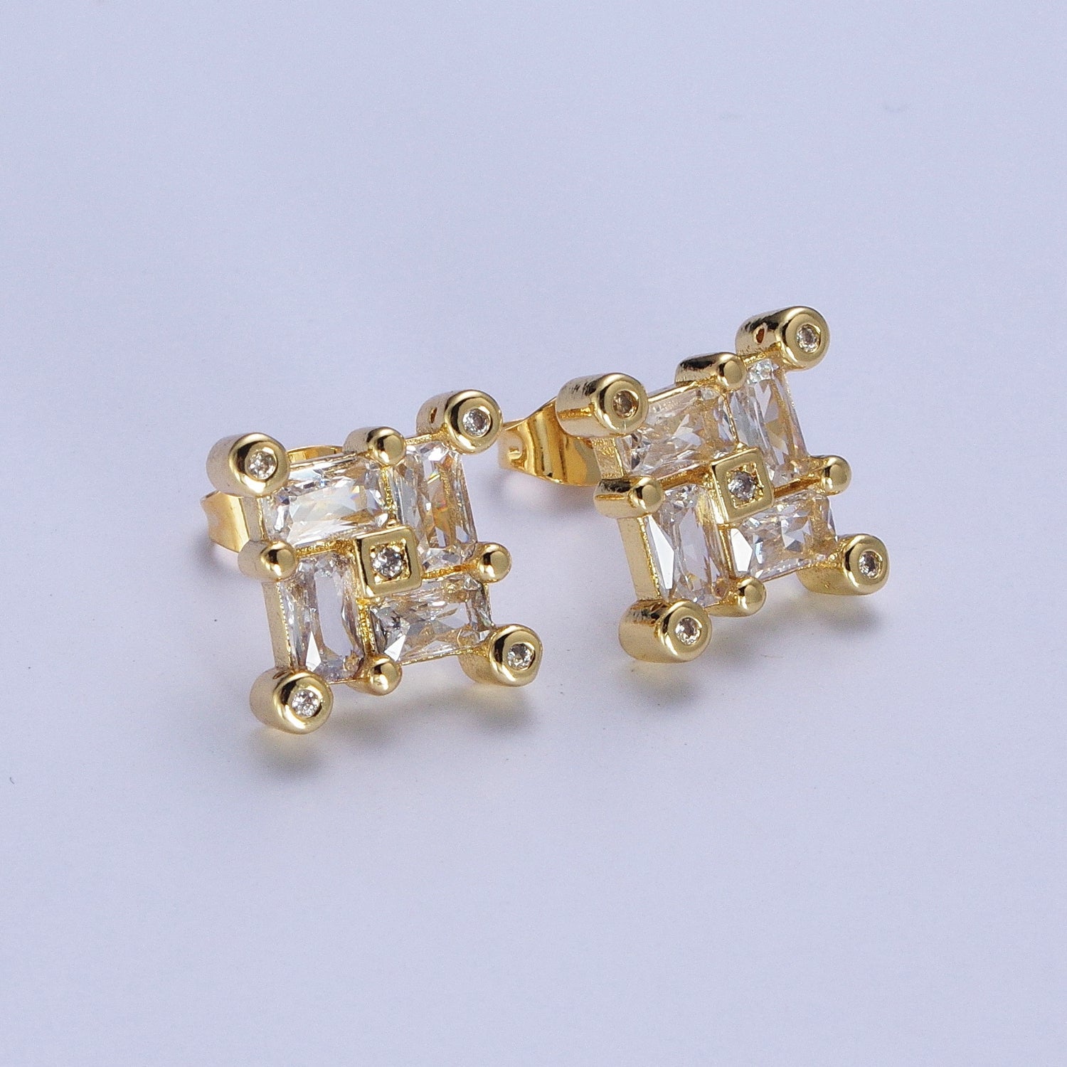 24K Gold Filled Micro Pave CZ Stud Earrings Baguette Colorful Cubic Zirconia Earrings Q051 - DLUXCA