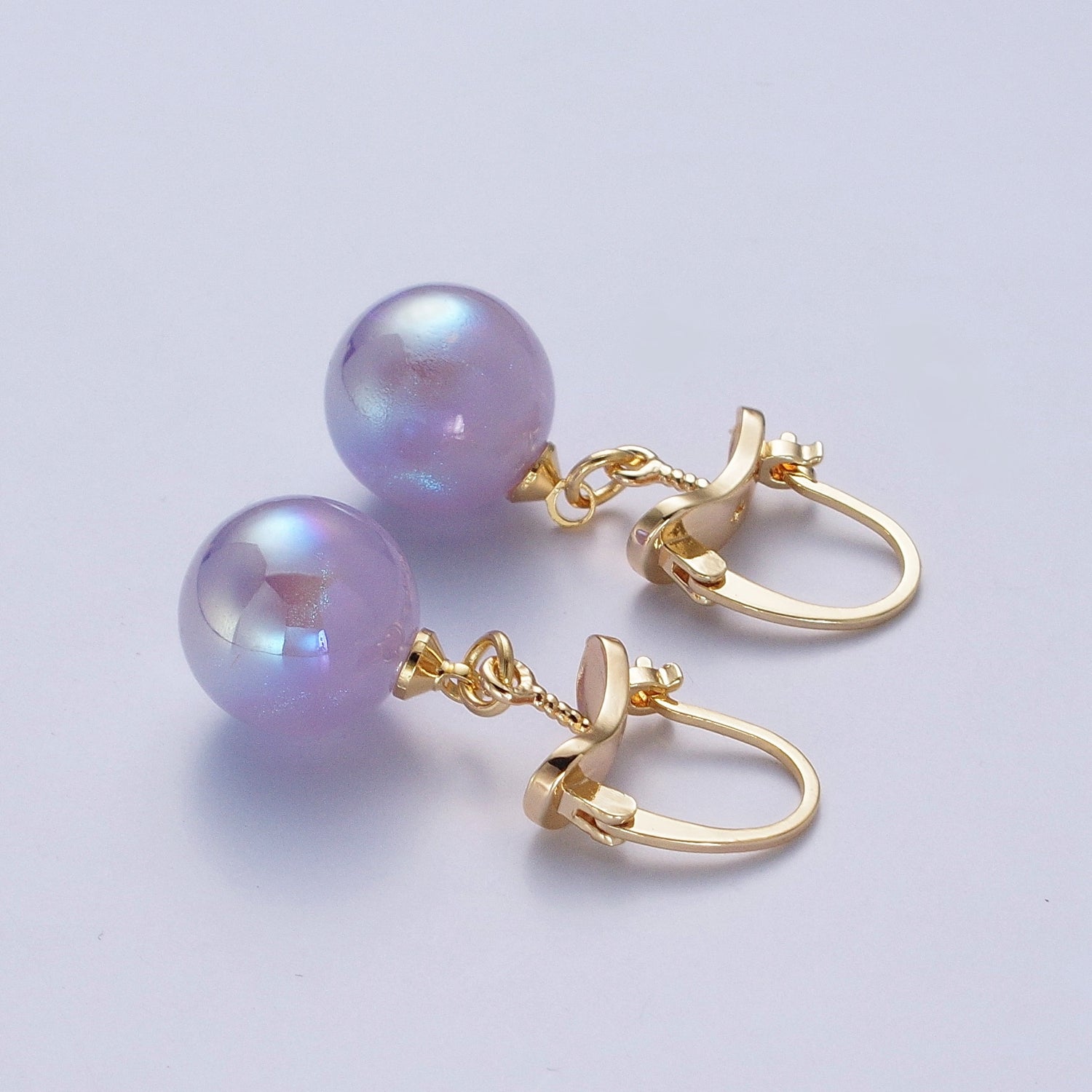 24K Gold Filled Leverback Earrings Small Hoop Earrings with Round Ball Pastel AB Color Drop Q216 - DLUXCA