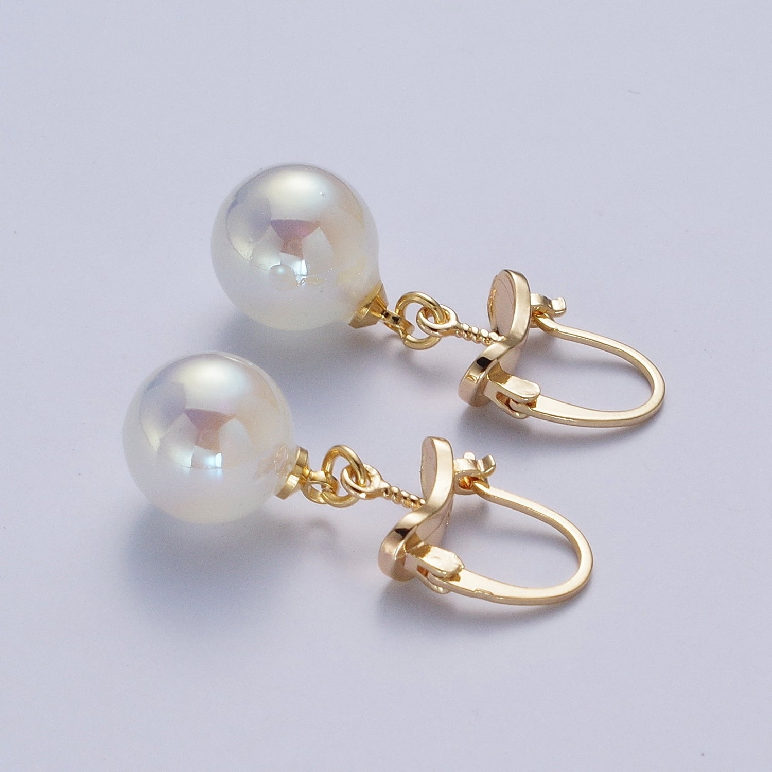 24K Gold Filled Leverback Earrings Small Hoop Earrings with Round Ball Pastel AB Color Drop Q216 - DLUXCA