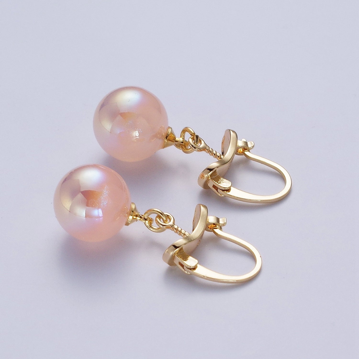 24K Gold Filled Leverback Earrings Small Hoop Earrings with Round Ball Pastel AB Color Drop Q216 - DLUXCA