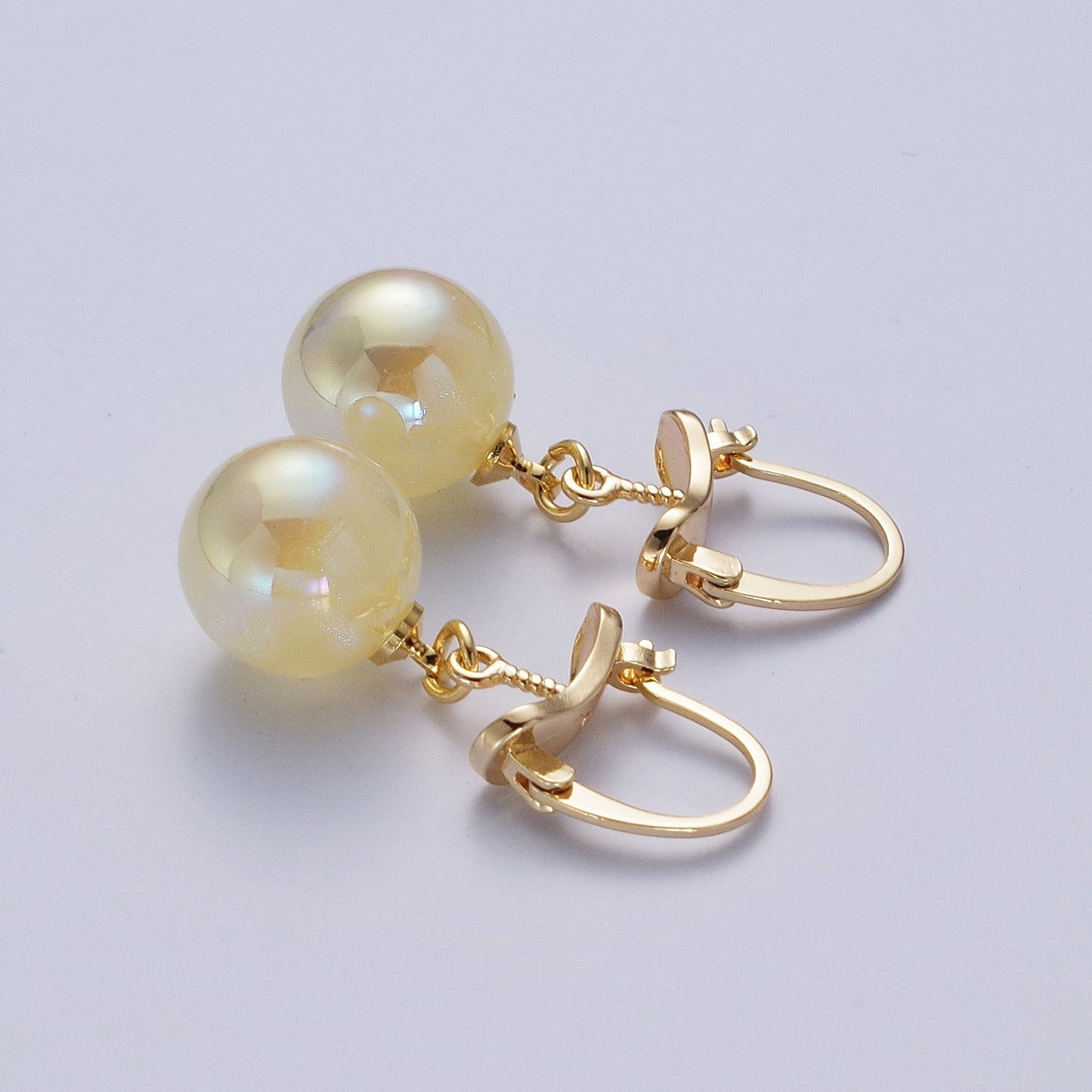 24K Gold Filled Leverback Earrings Small Hoop Earrings with Round Ball Pastel AB Color Drop Q216 - DLUXCA