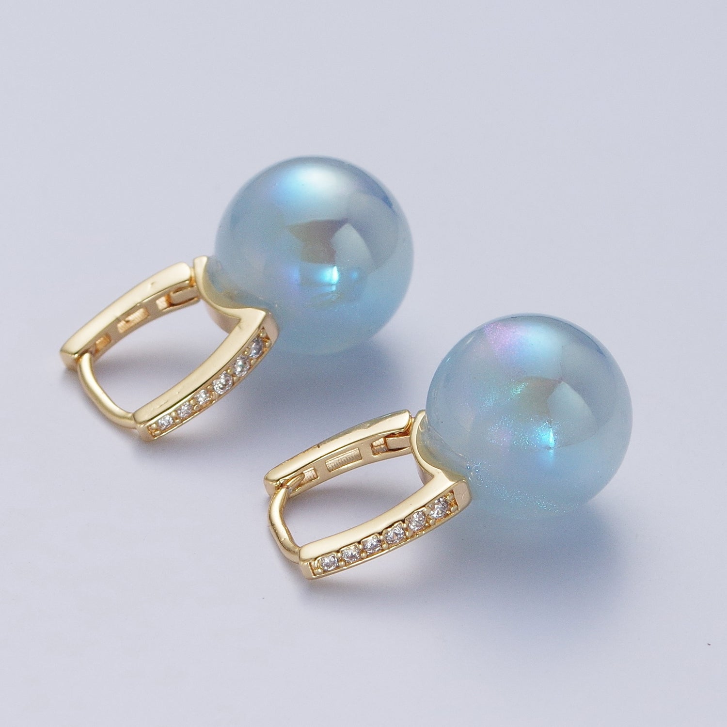 24K Gold Filled Leverback Earrings Small Huggie Hoops Earrings with Round Ball Pastel AB Color Drop Q408 - DLUXCA