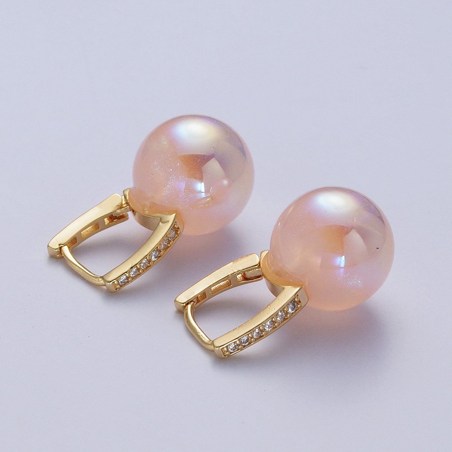 24K Gold Filled Leverback Earrings Small Huggie Hoops Earrings with Round Ball Pastel AB Color Drop Q408 - DLUXCA