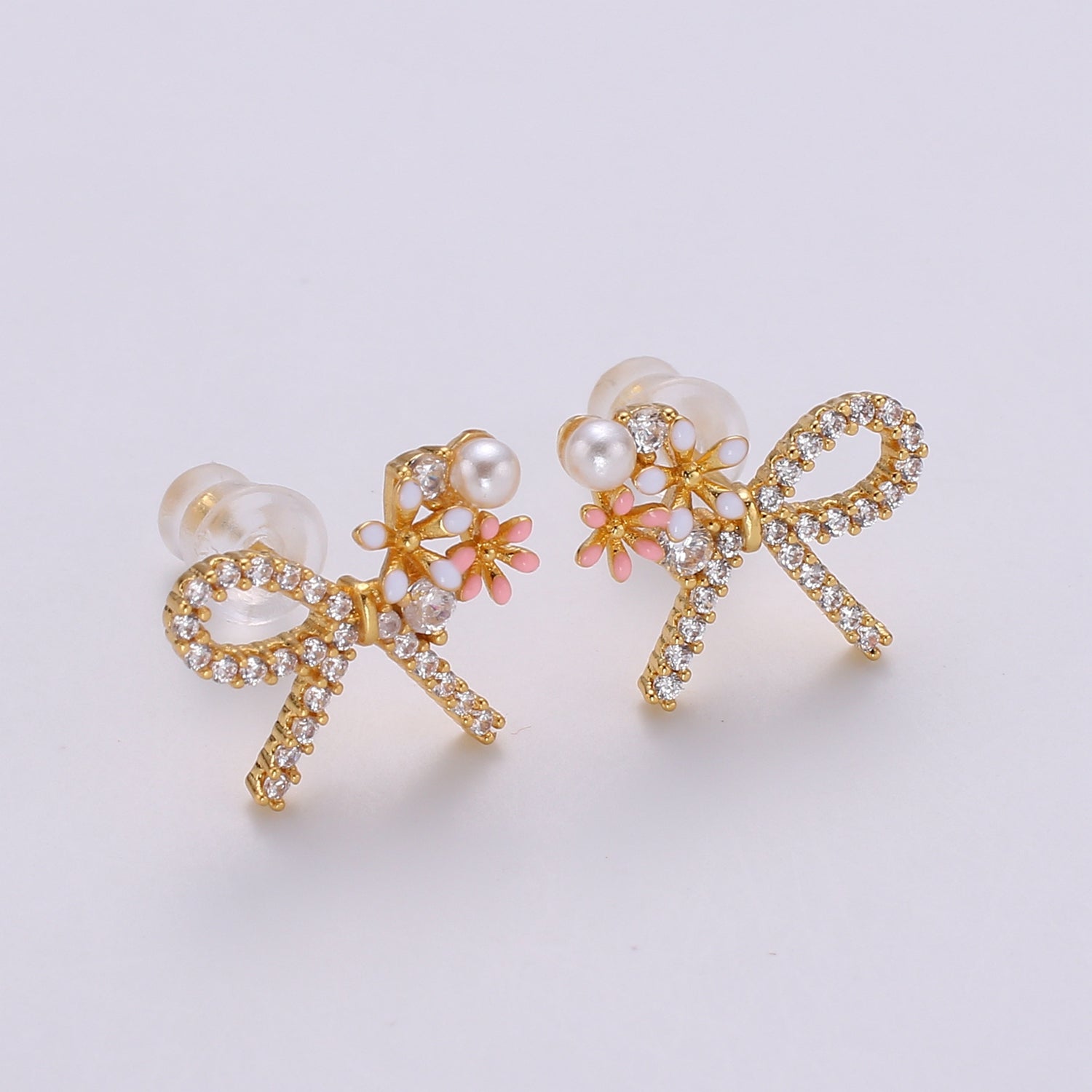 1x Gold Bow Earrings- 24k Gold Tiny Dainty Small Bow White CZ Gem Minimalist Jewelry Studs for Women Q-384 , Q-385 - DLUXCA