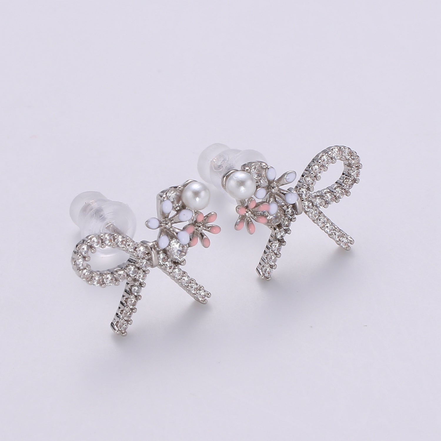 1x Gold Bow Earrings- 24k Gold Tiny Dainty Small Bow White CZ Gem Minimalist Jewelry Studs for Women Q-384 , Q-385 - DLUXCA
