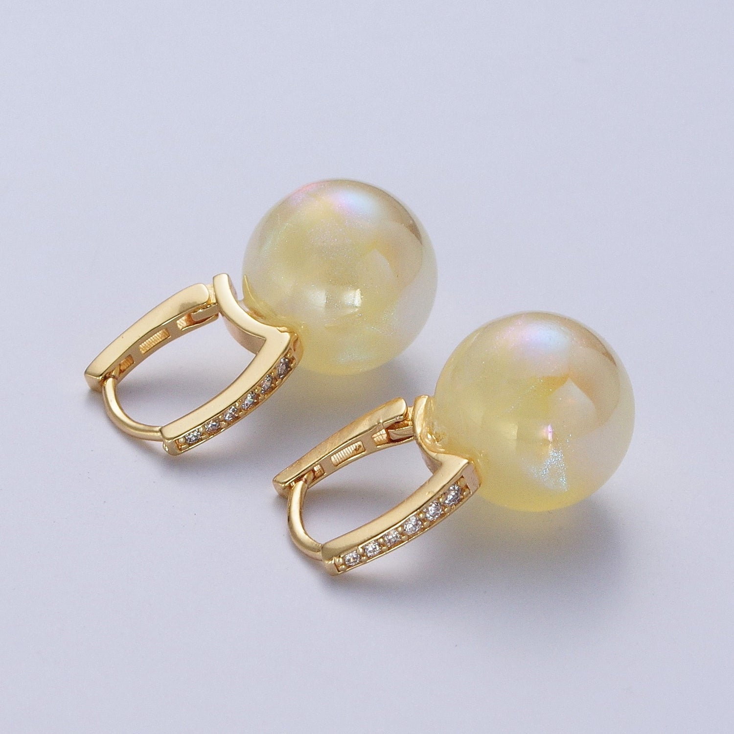 24K Gold Filled Leverback Earrings Small Huggie Hoops Earrings with Round Ball Pastel AB Color Drop Q408 - DLUXCA