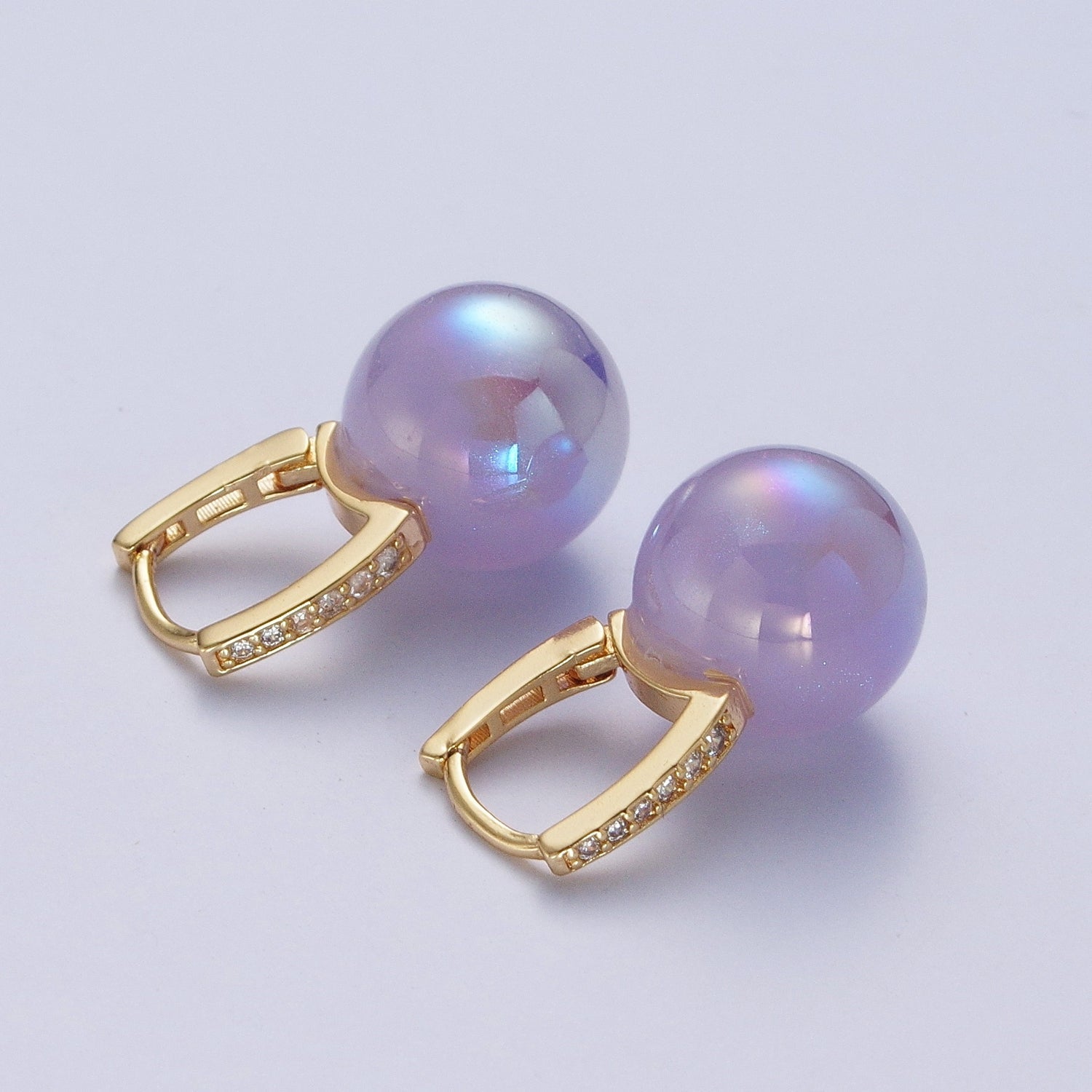 24K Gold Filled Leverback Earrings Small Huggie Hoops Earrings with Round Ball Pastel AB Color Drop Q408 - DLUXCA