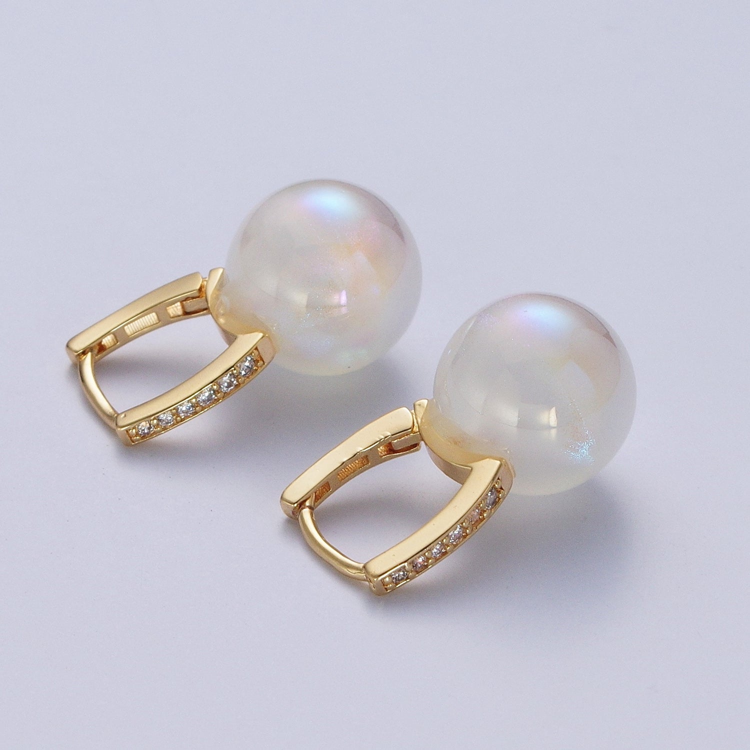 24K Gold Filled Leverback Earrings Small Huggie Hoops Earrings with Round Ball Pastel AB Color Drop Q408 - DLUXCA