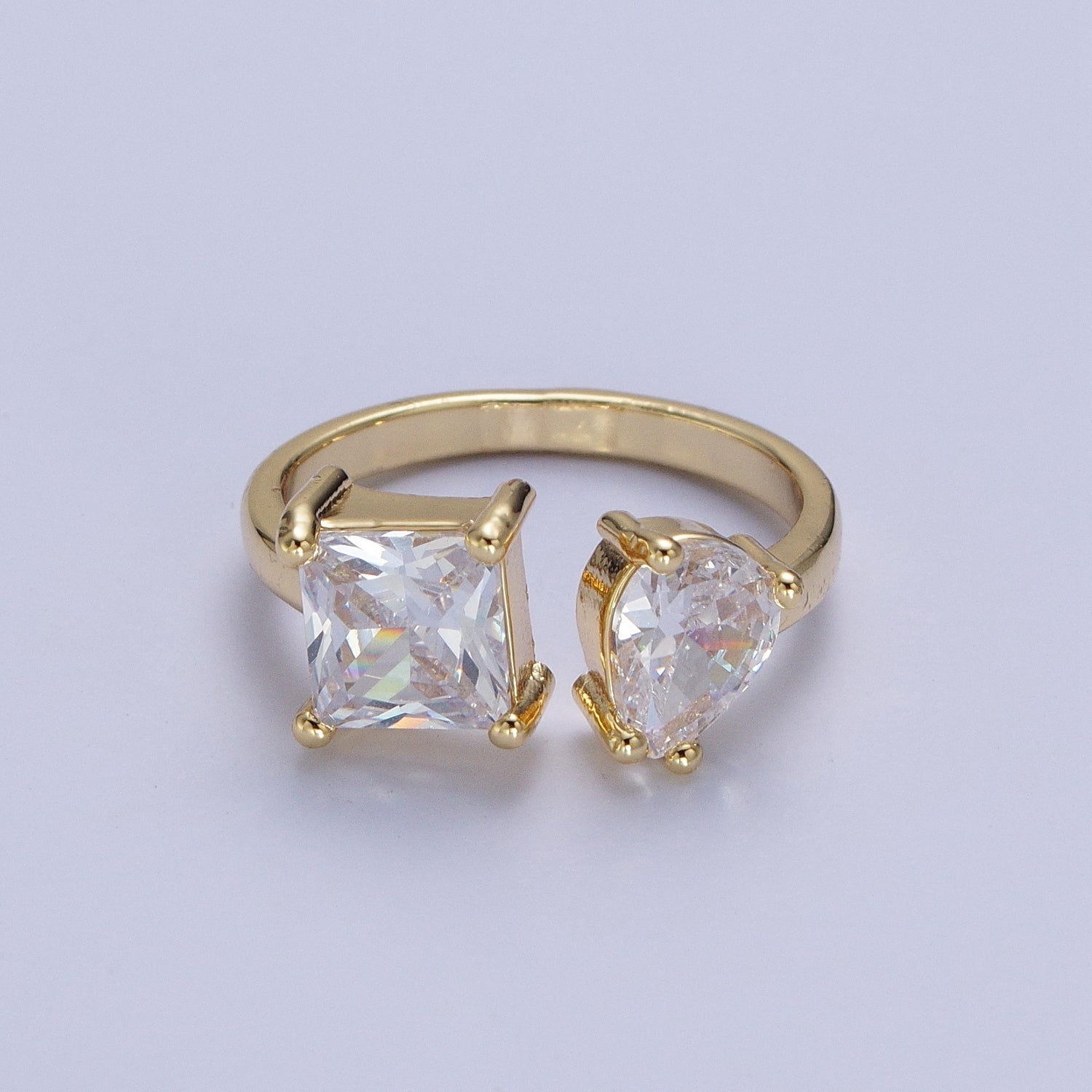 Gold Pink / White Square & Teardrop Cubic Zirconia Adjustable Open Ring R042 R098 - DLUXCA