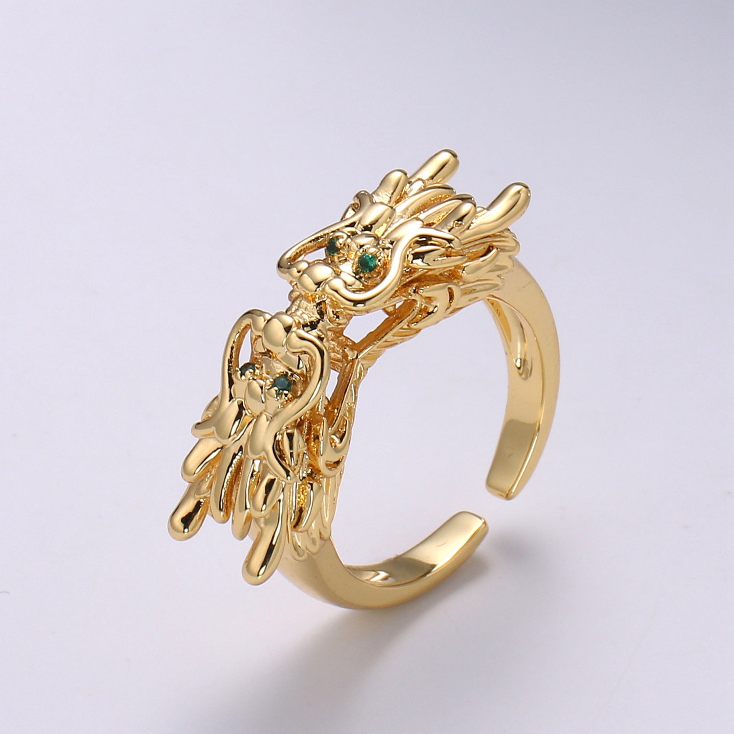 1pc Twin Dragon CZ Pave 24K Gold Ring, Green Eye Dragon Adjustable Gold Ring, Bold Animal Ring, R-435 - DLUXCA