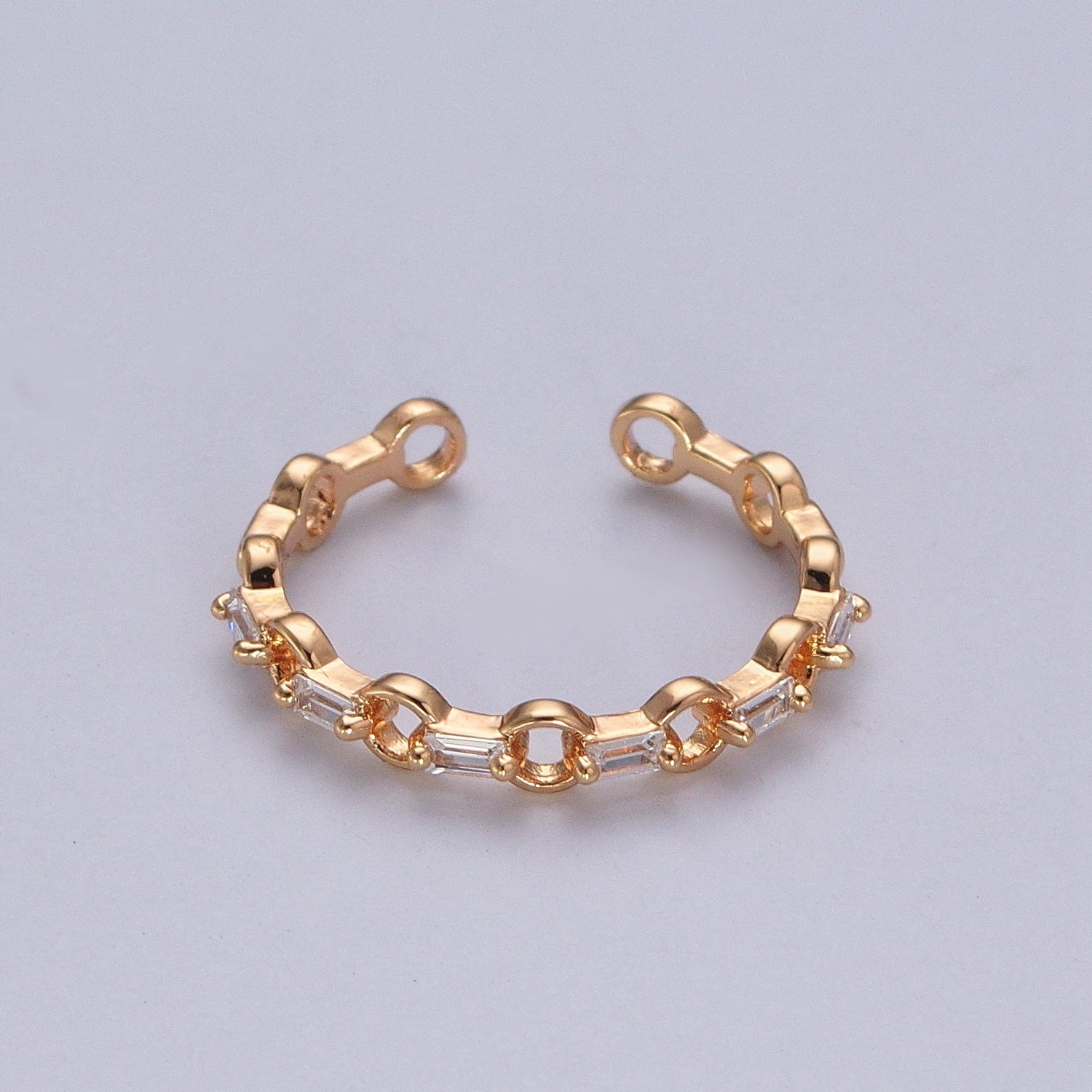 Minimalist Rolo Chain Link & Clear Baguette Cubic Zirconia Gold Adjustable Ring R510 - DLUXCA