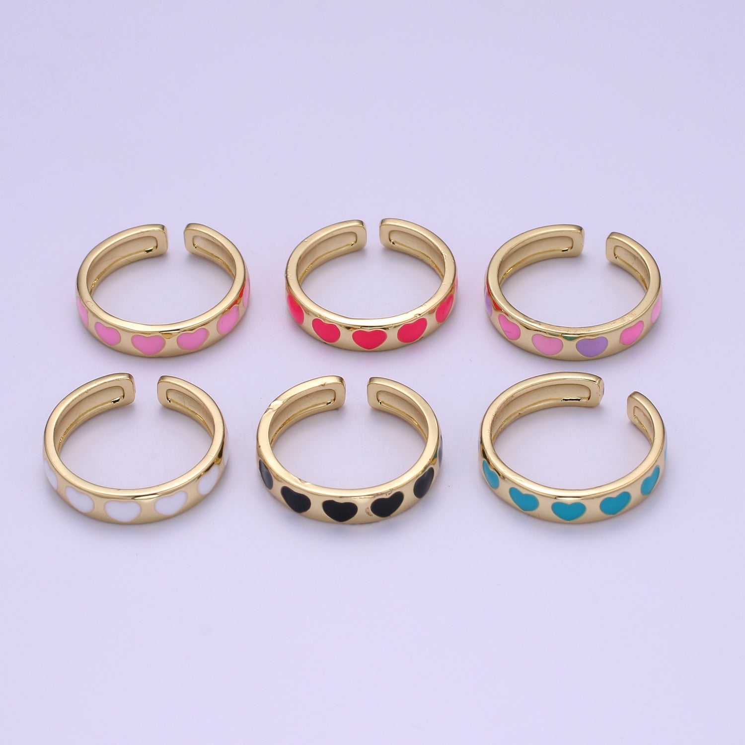 Dainty Colorful Enamel Heart Adjustable Ring, Gold Enamel Open Ring, Black Pink Teal Purple White Enamel Heart Jewelry Trend - DLUXCA