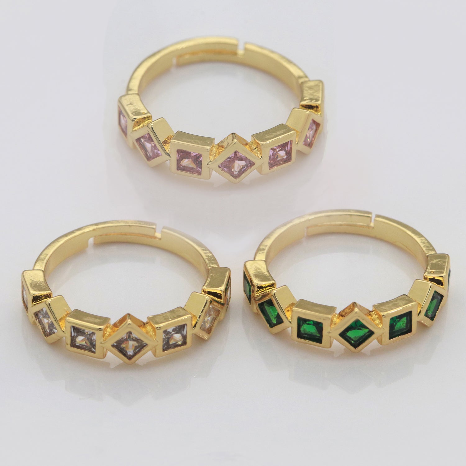 Geometric Gold Ring, Open Gold Adjustable Ring Pink / Clear / Green Color Cz Stone - DLUXCA