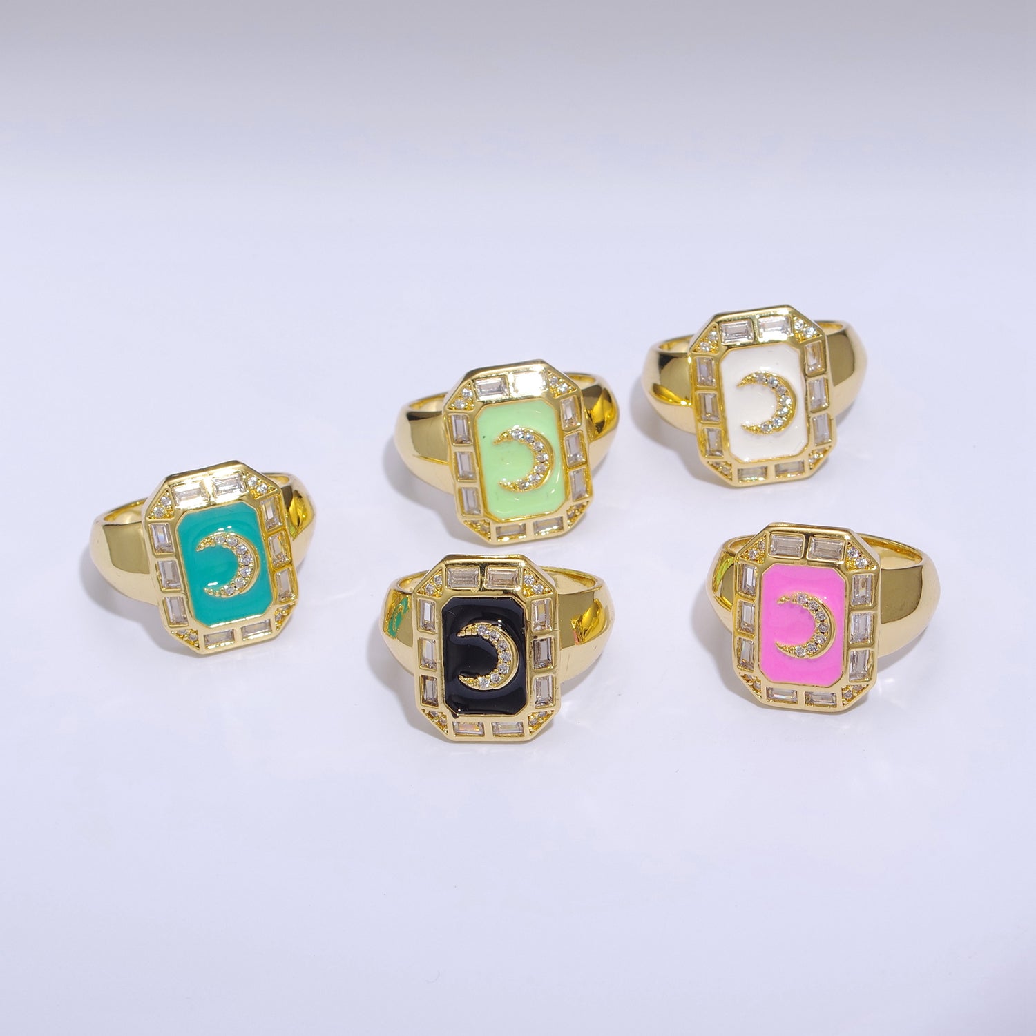 Crescent Moon Spinel Signet Ring Gold Chunky Ring Celestial Enamel Colorful Cz Jewelry - DLUXCA