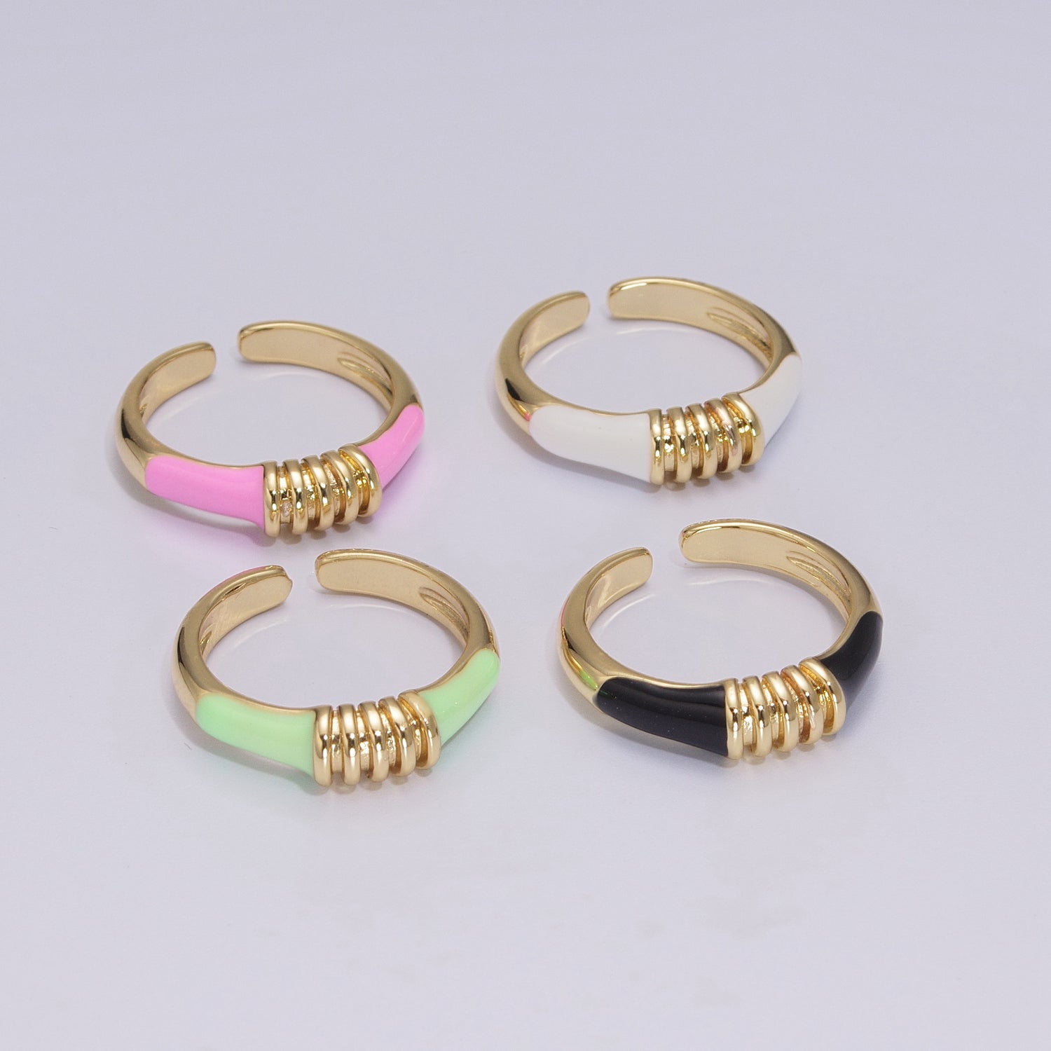 Colorful Pastel Enamel Ring • Gold Filled Multicolor Open Band • Green Pink Black White Minimalist Stackable Ring - DLUXCA