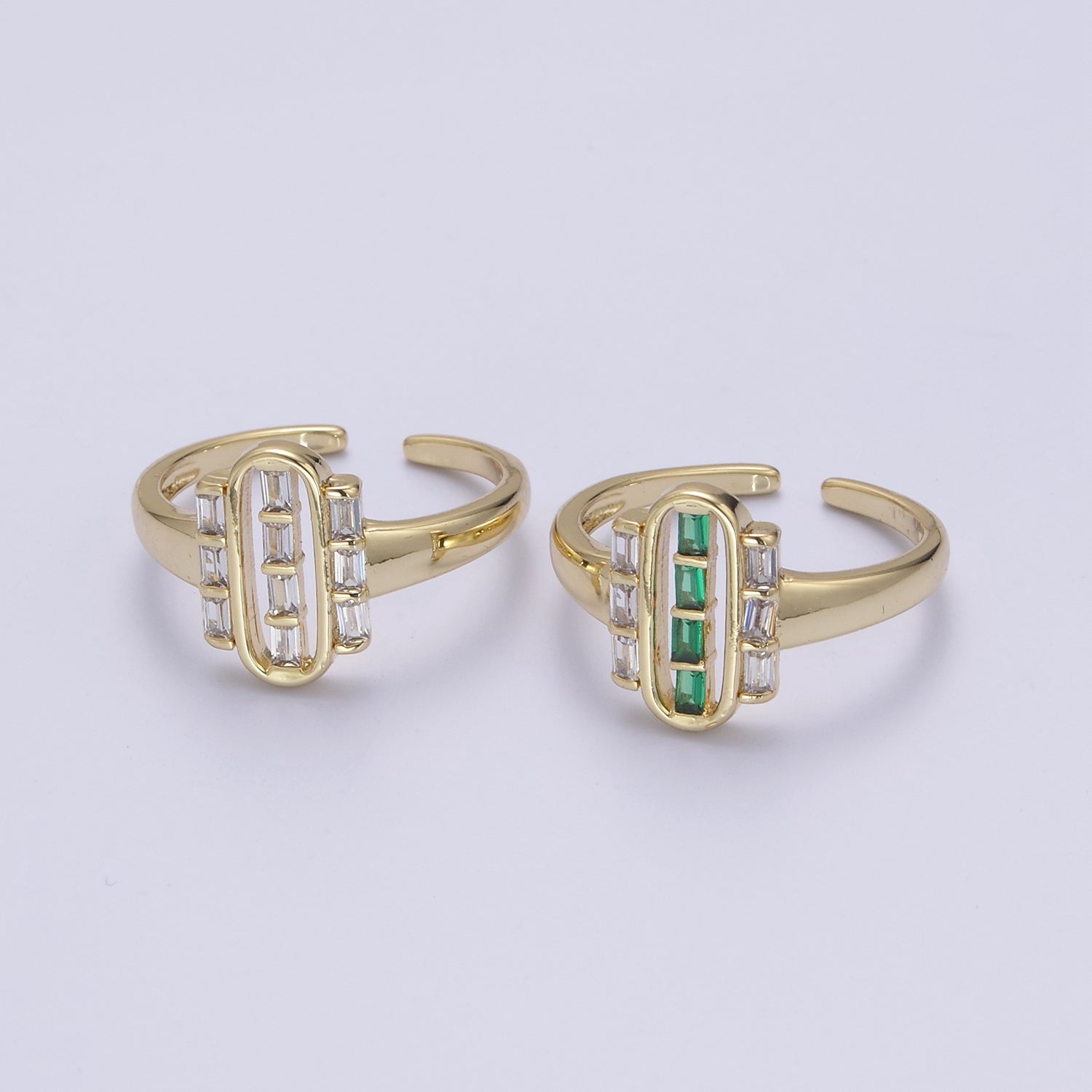 Dainty Gold Baguette Ring for Stackable Jewelry Green / Clear Cz Pill Ring U-472 - DLUXCA