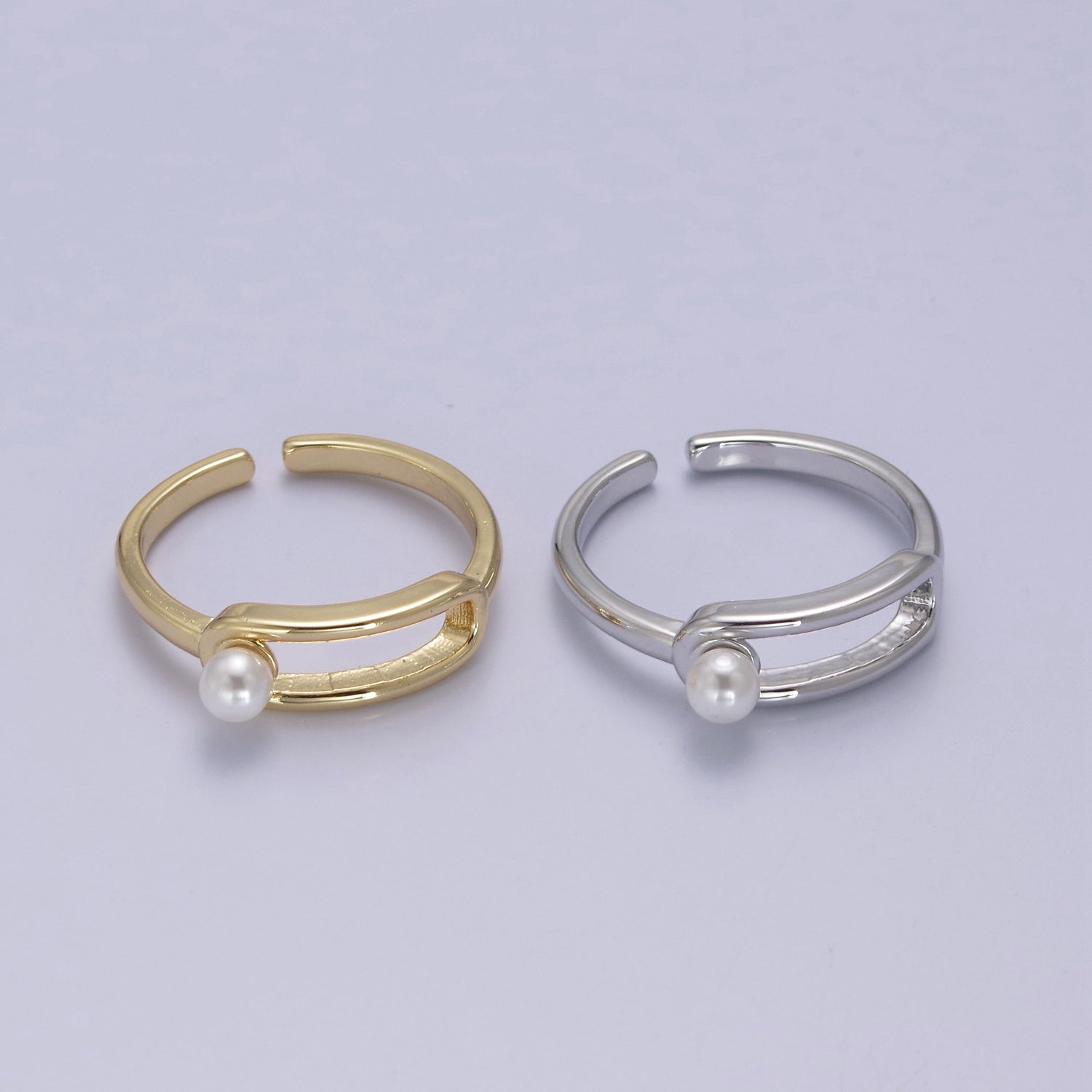 Minimalist 24K Gold Filled White Pearl Ring, Double Belt Buckle Adjustable Ring in Gold & Silver S-348 - DLUXCA