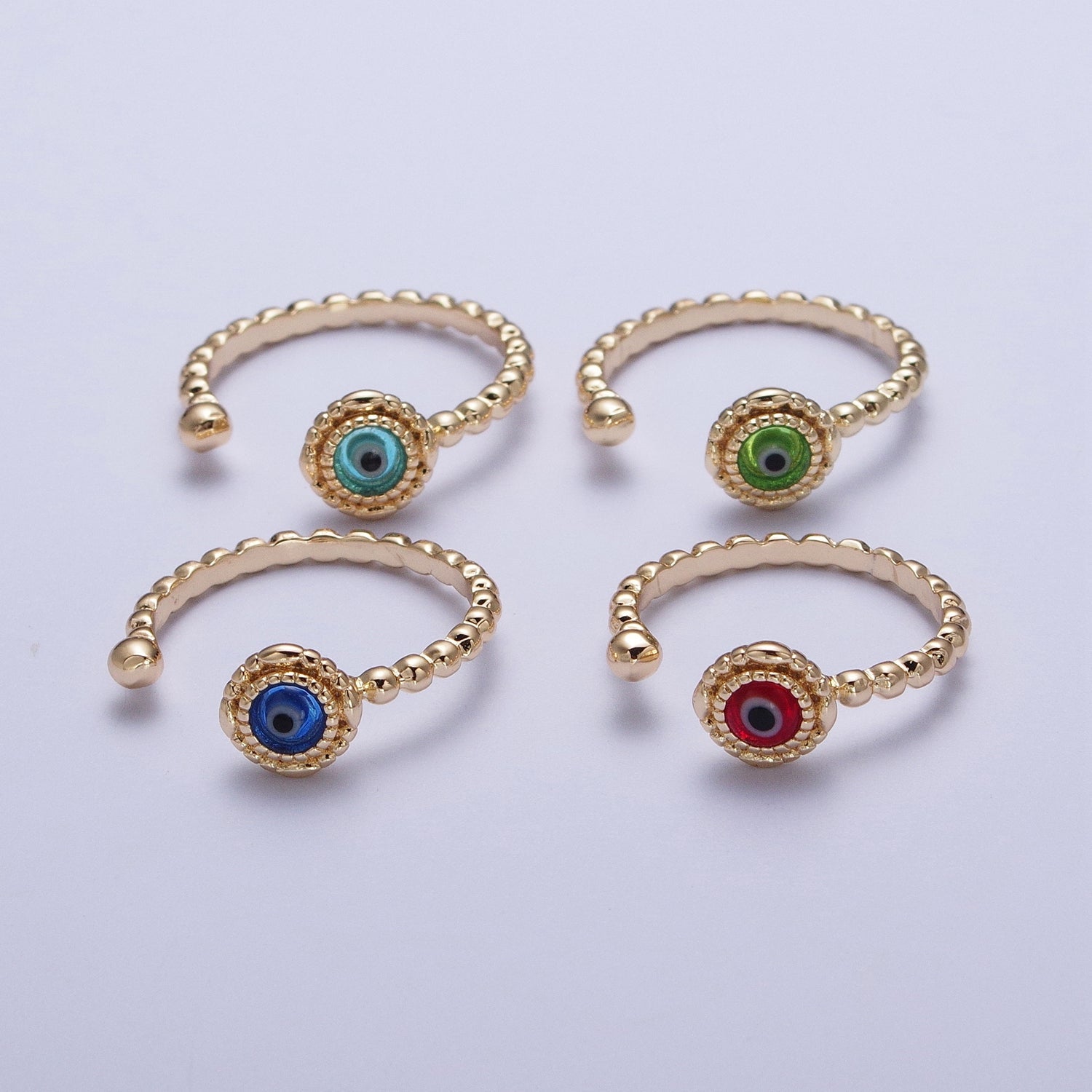 Gold Beaded Evil Eye Green Red Teal Blue Resin Adjustable Ring Protection Jewelry | X565-X568 - DLUXCA