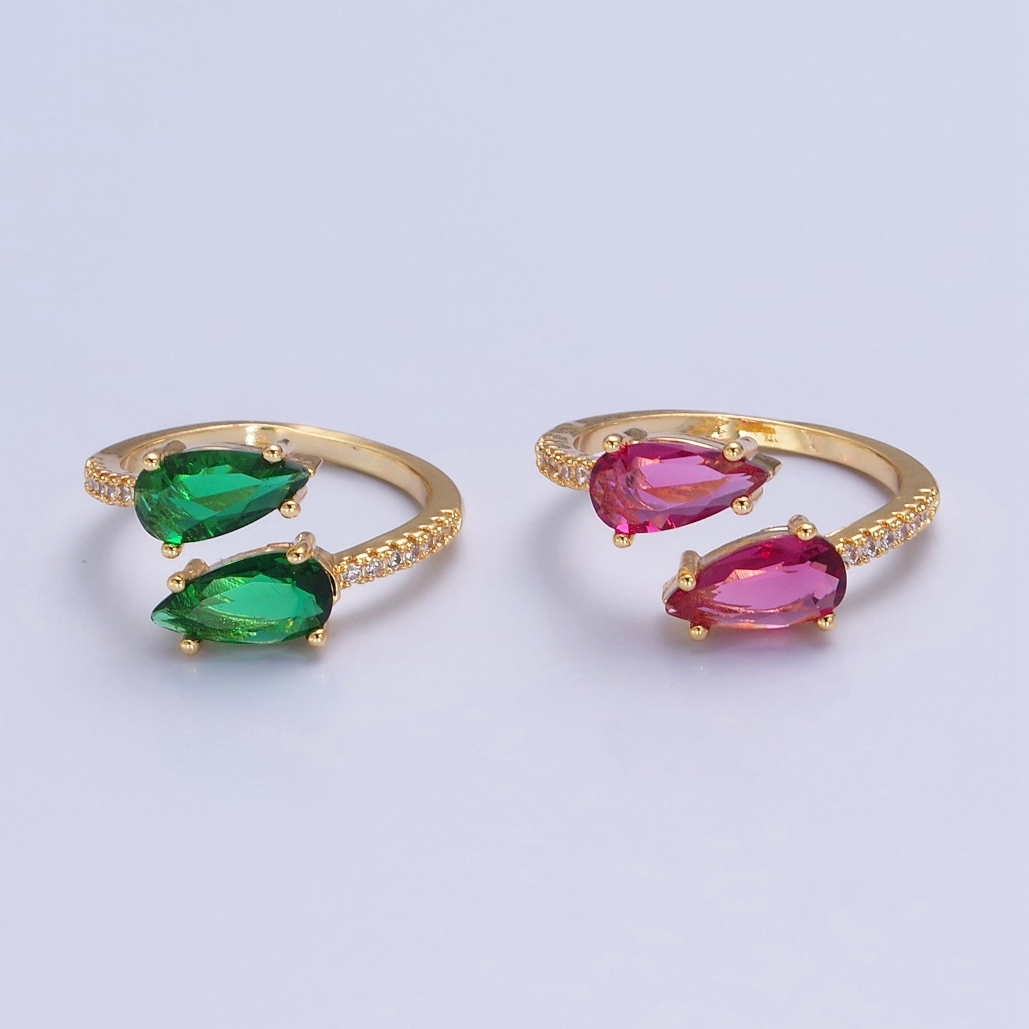 24K Gold Filled Teardrop CZ Ring, Green / Fuchsia Cubic Zirconia Open Ring with Clear Micro Pave Band, V530 V531 - DLUXCA