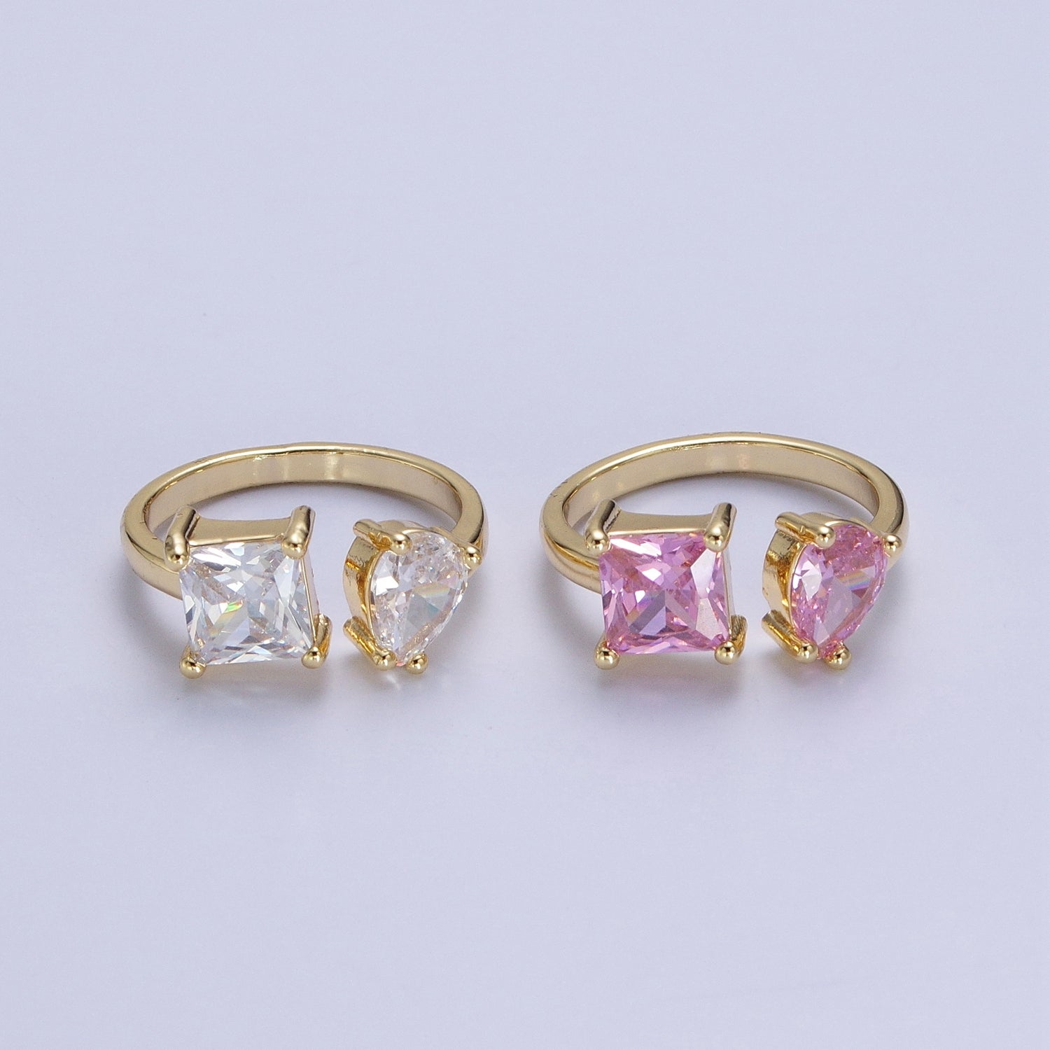 Gold Pink / White Square & Teardrop Cubic Zirconia Adjustable Open Ring R042 R098 - DLUXCA