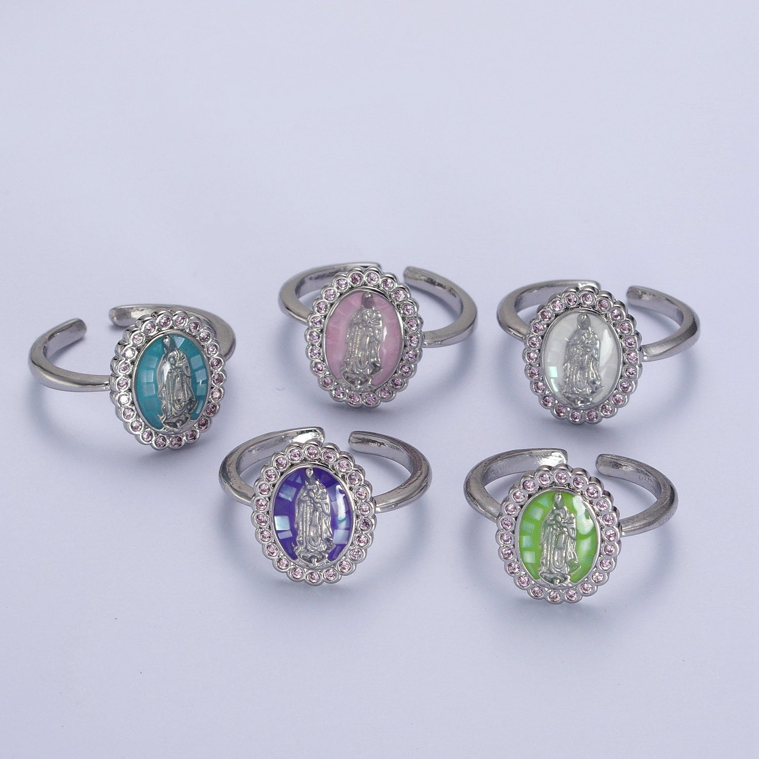 White Gold Filled Virgin Mother Mary White, Green,  Pink, Blue, Purple Shell Opal Silver Ring | Y495 - Y499 - DLUXCA