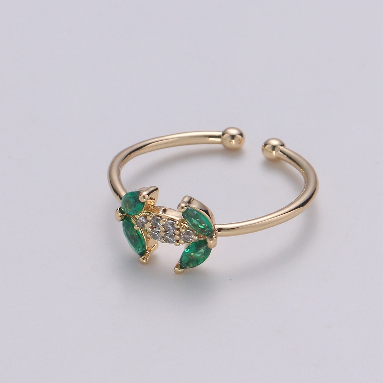 Dainty Leaf CZ Ring - 14k Gold Ring - Green Zirconia Ring - Gold Open Ring - Minimalist Ring Adjustable Layering Stacking Ring-140 - DLUXCA