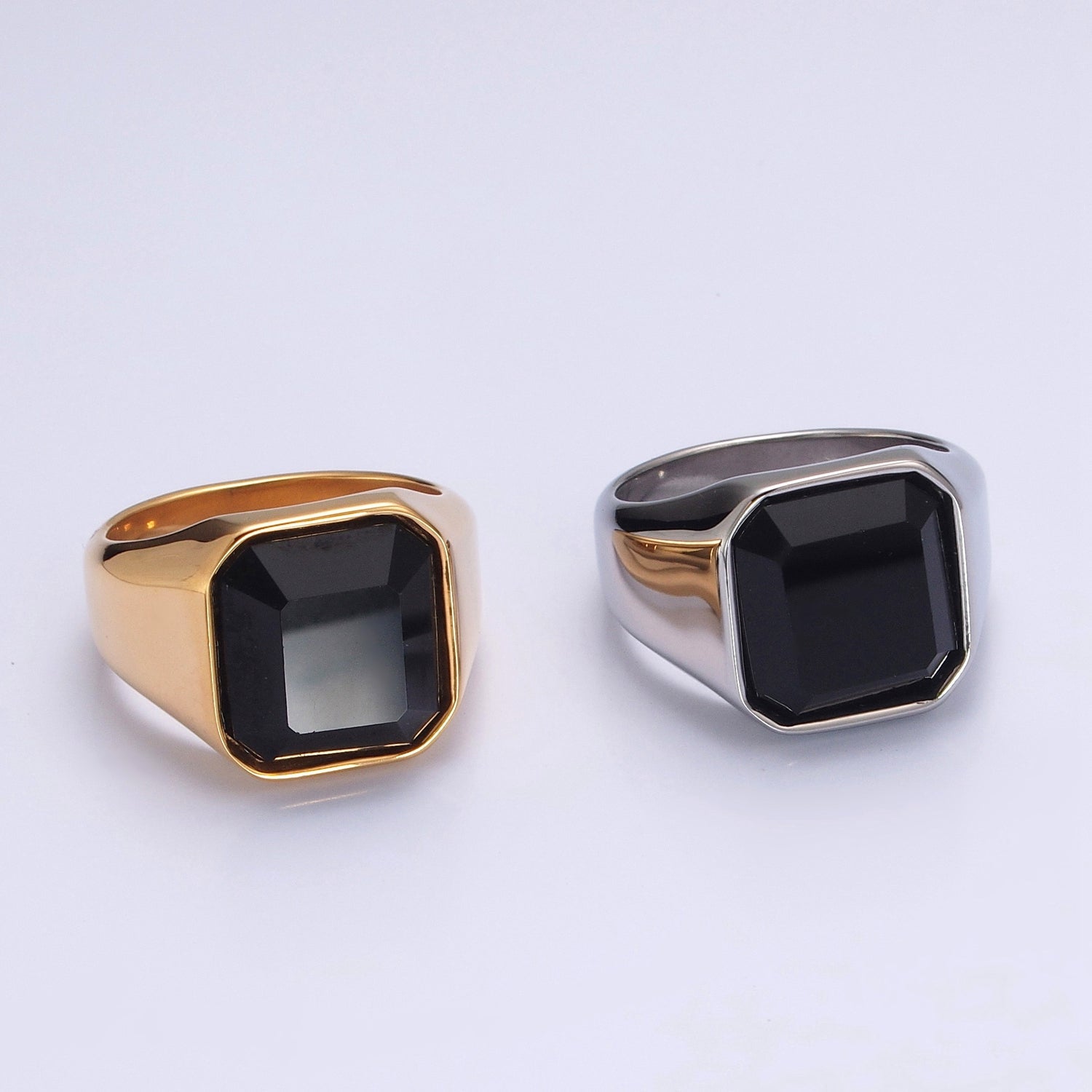 Polished Black CZ Cubic Zirconia Stainless Steel Ring in Gold & Silver - DLUXCA