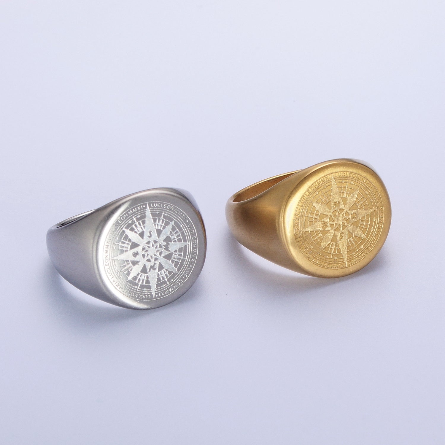 Minimalist Compass Round Signet Ring in Gold & Silver | V073-V076 - DLUXCA